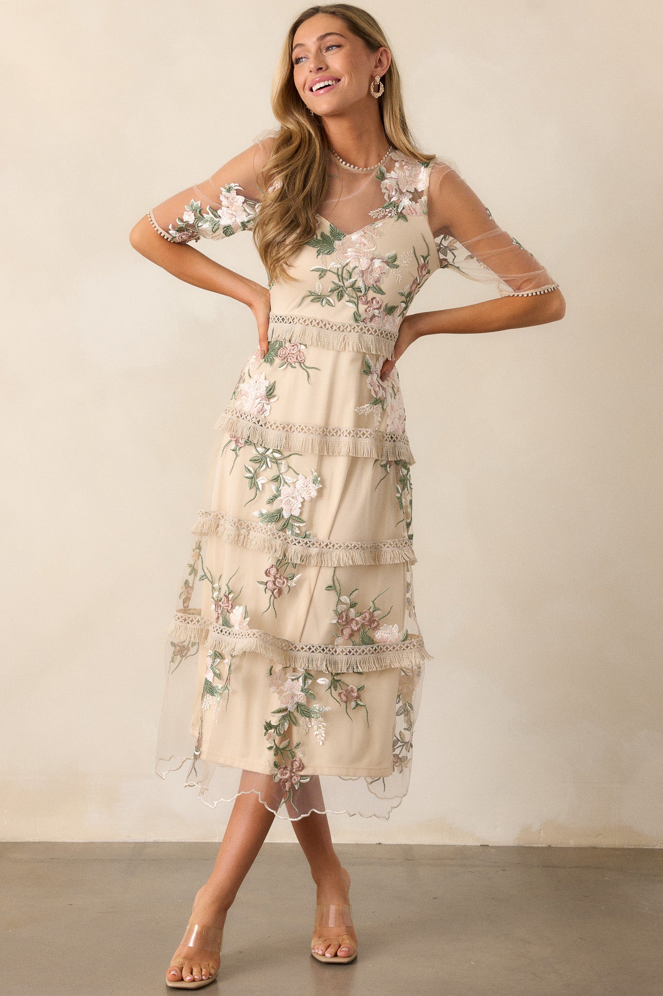 Honestly Love You Beige Floral Midi Dress