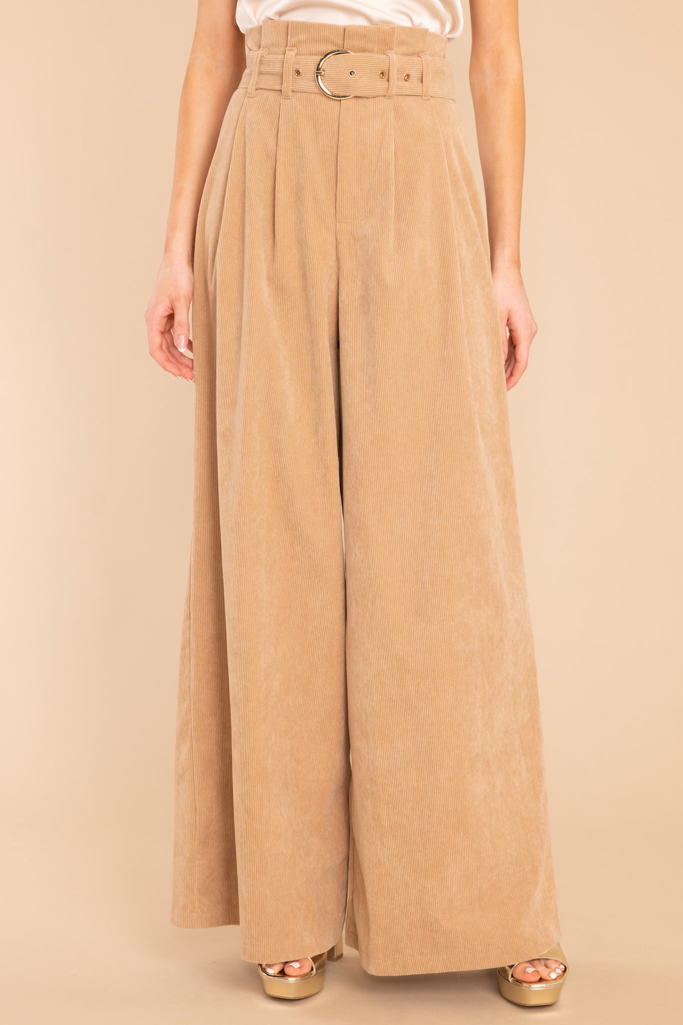 Front view of these pants that feature a paper bag style waistline, an adjustable belt, a zipper closure, and very flowy legs.