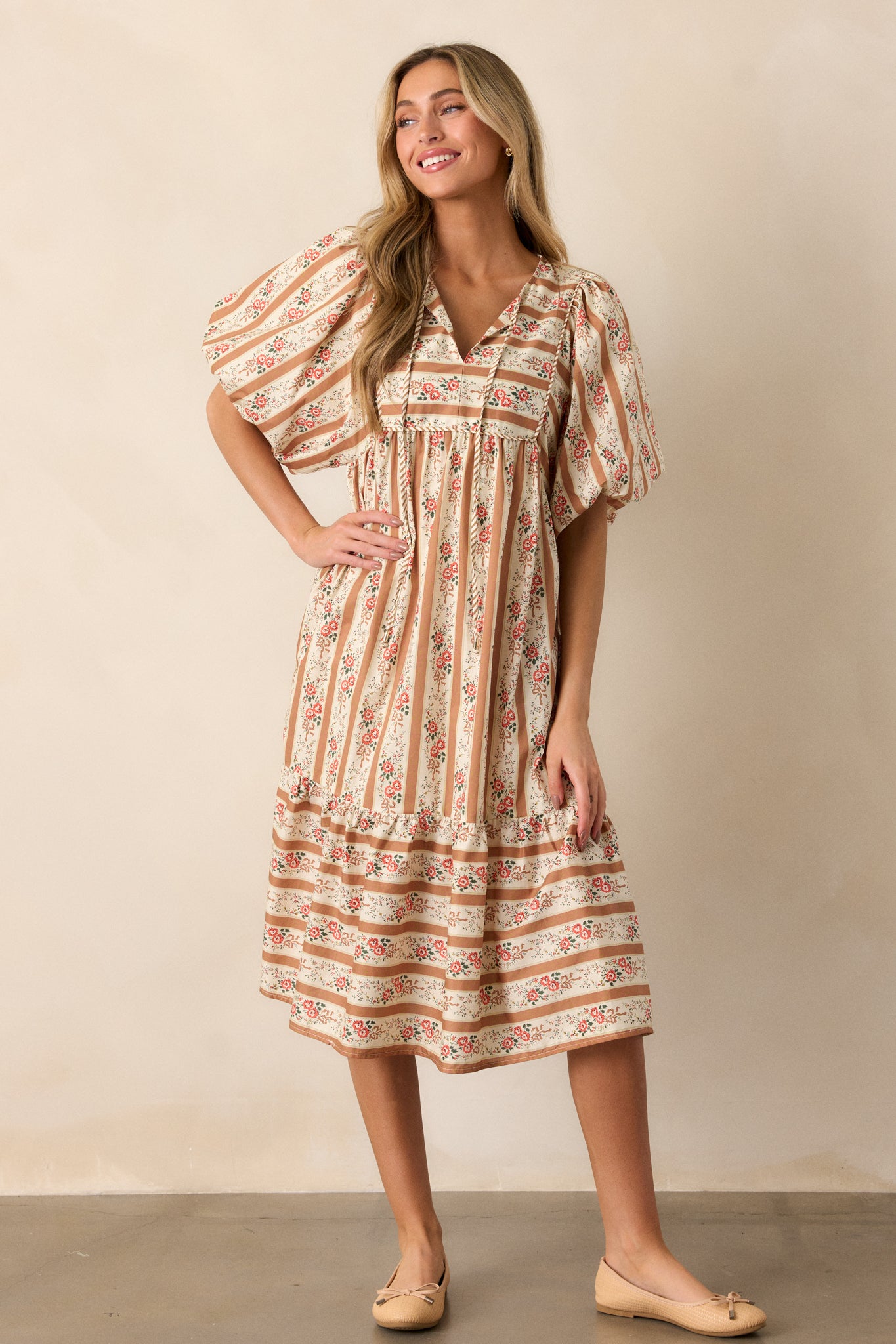 Cool Traces 100% Cotton Camel Puff Sleeve Midi Dress