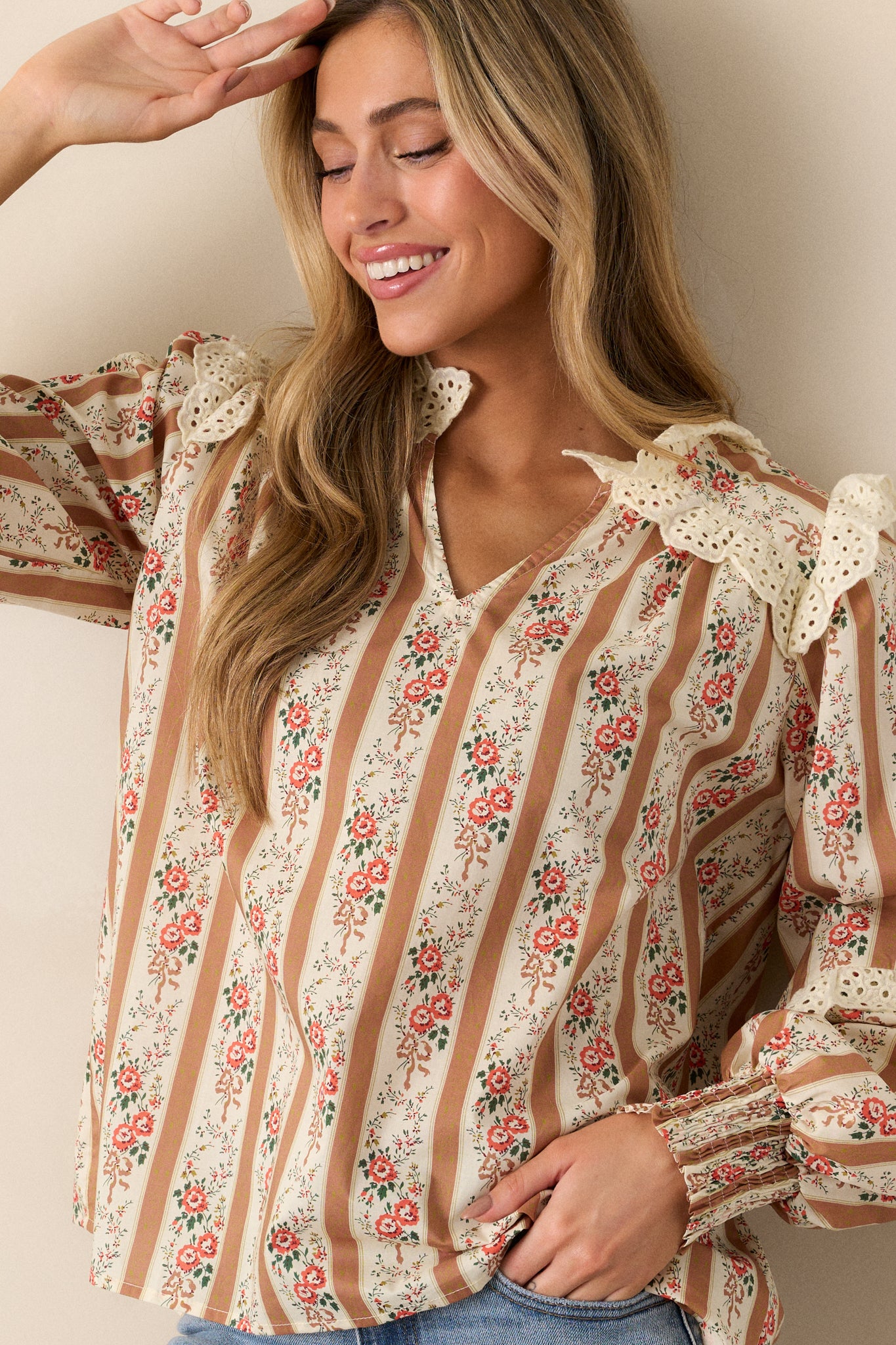 Embers of Hope 100% Cotton Camel Floral Blouse