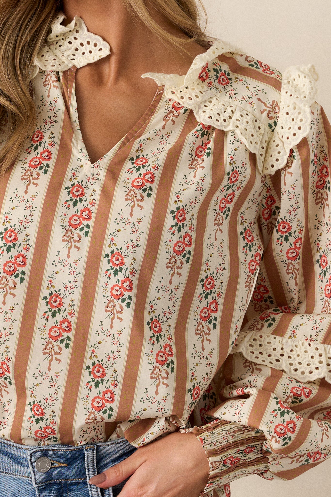 Embers of Hope 100% Cotton Camel Floral Blouse