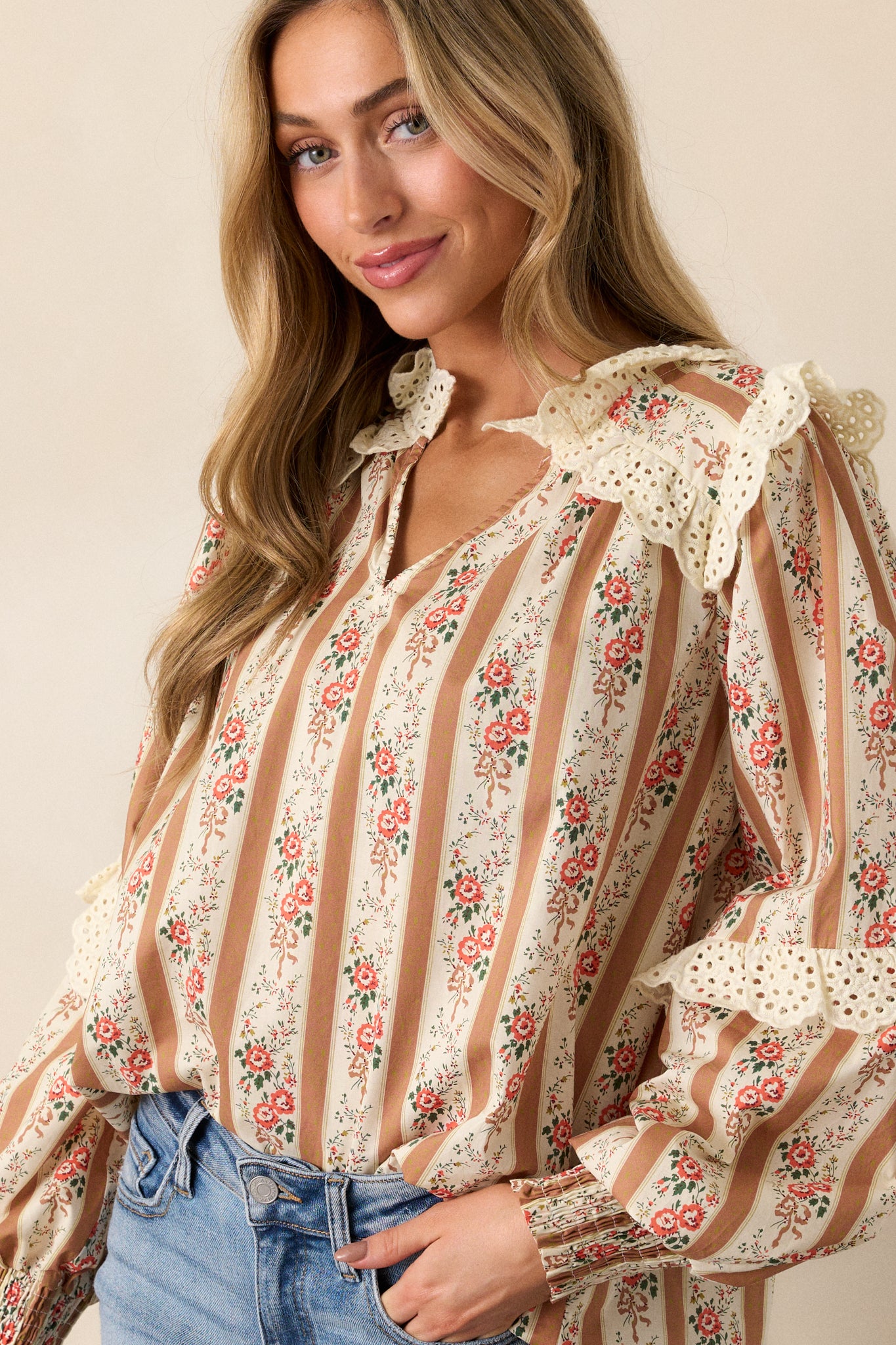 Embers of Hope 100% Cotton Camel Floral Blouse