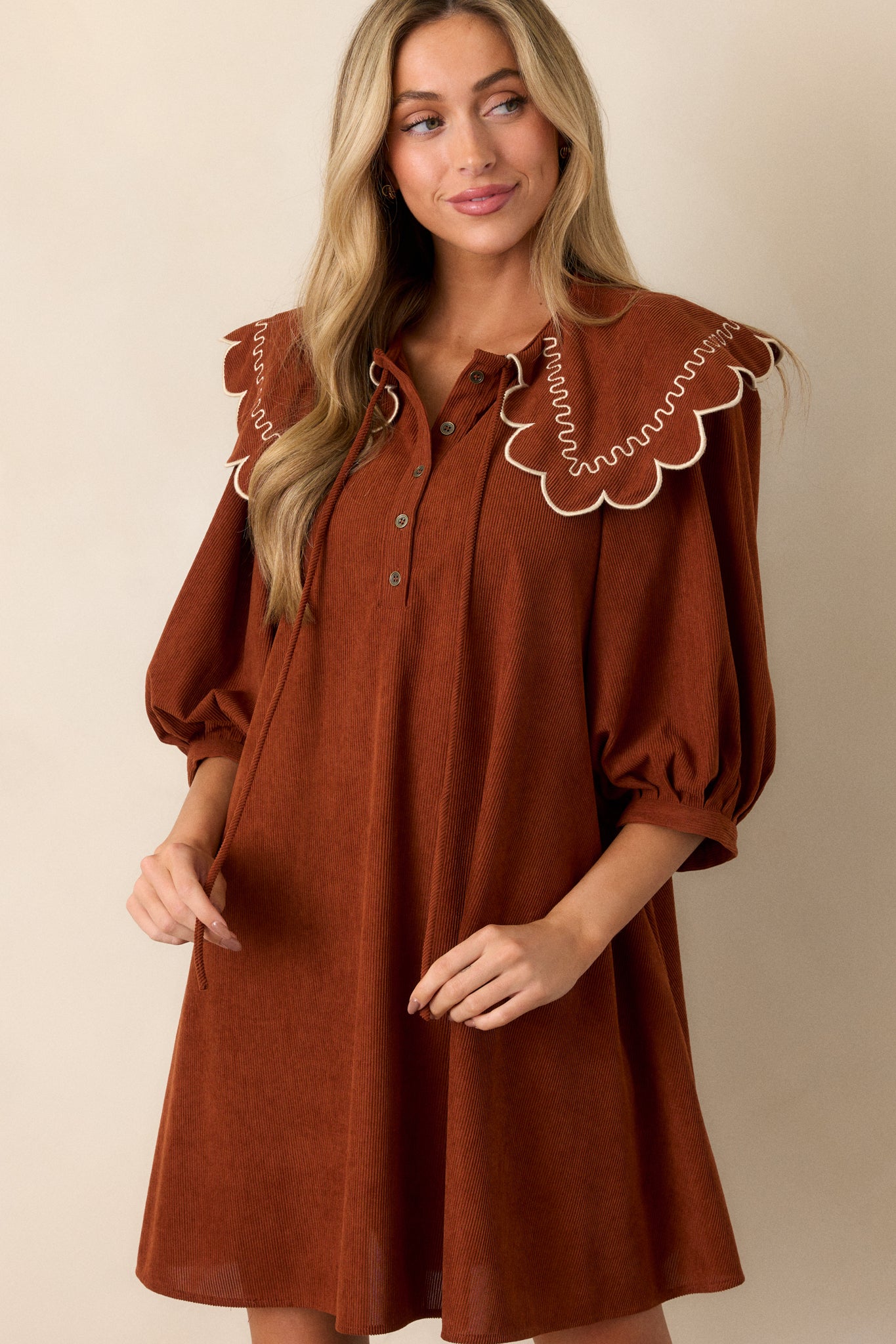 Harvest Whispers Brown Corduroy Long Sleeve Mini Dress