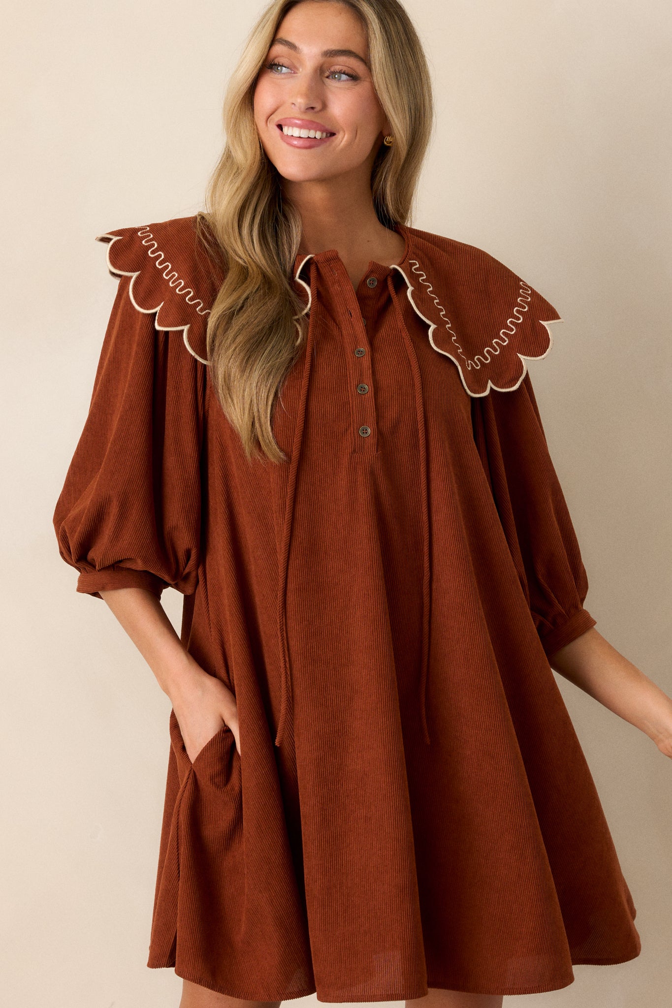 Harvest Whispers Brown Corduroy Long Sleeve Mini Dress