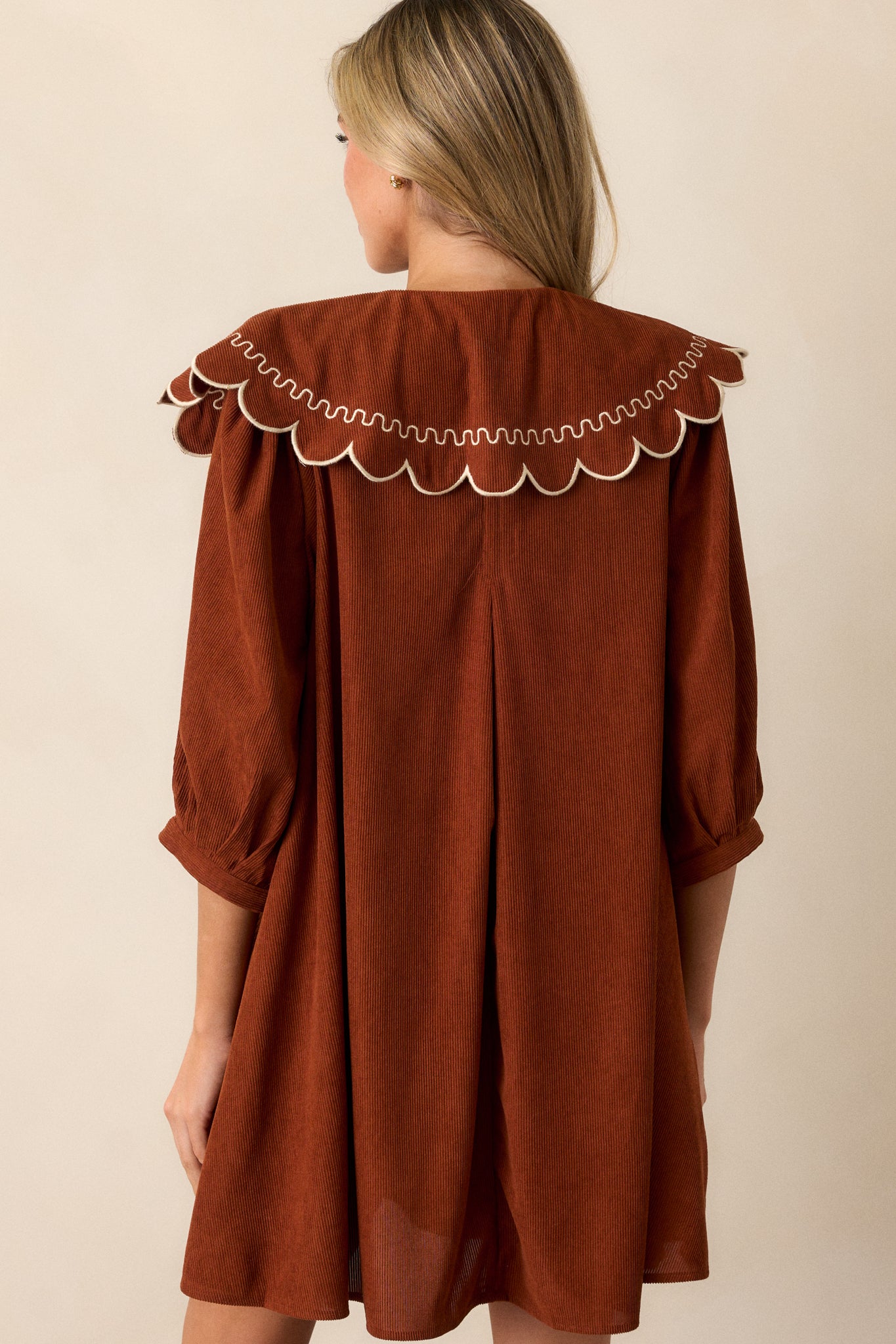 Harvest Whispers Brown Corduroy Long Sleeve Mini Dress