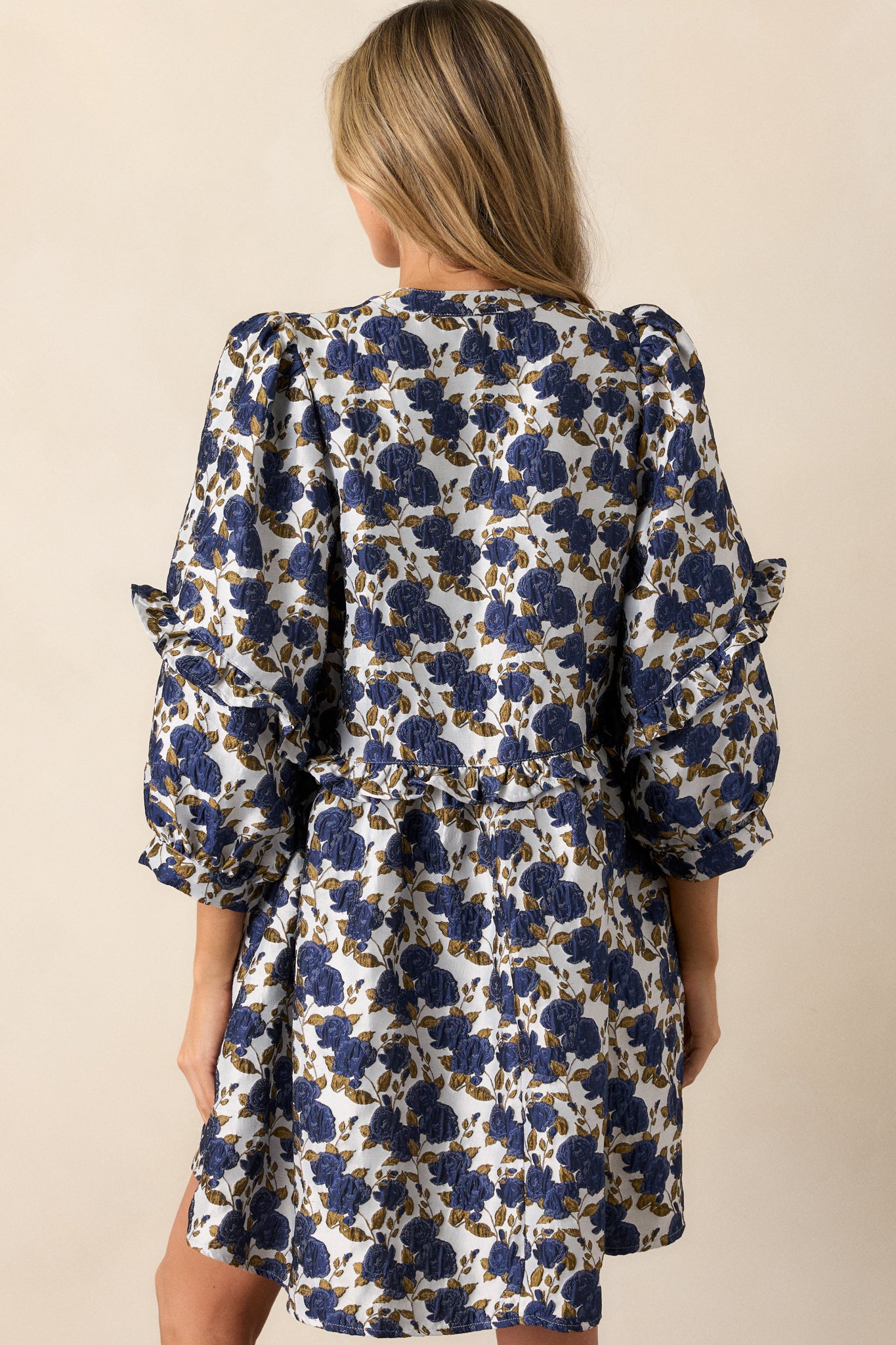 Waves of Roses Navy Floral Puff Sleeve Mini Dress