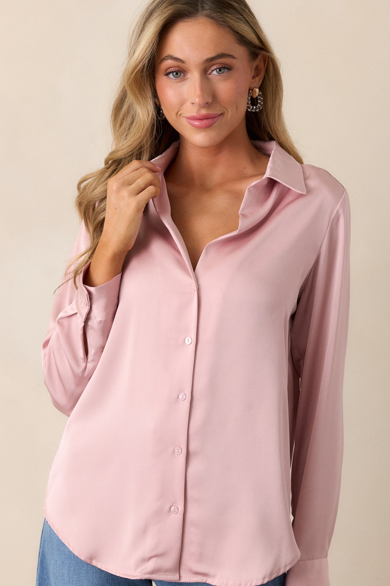 Meant To Be Dusty Pink Satin Button Front Top