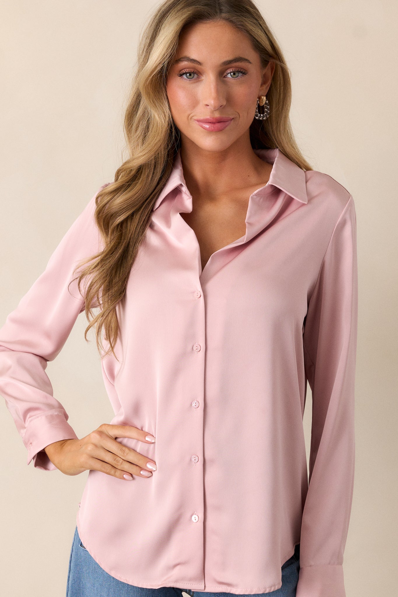 Meant To Be Dusty Pink Satin Button Front Top