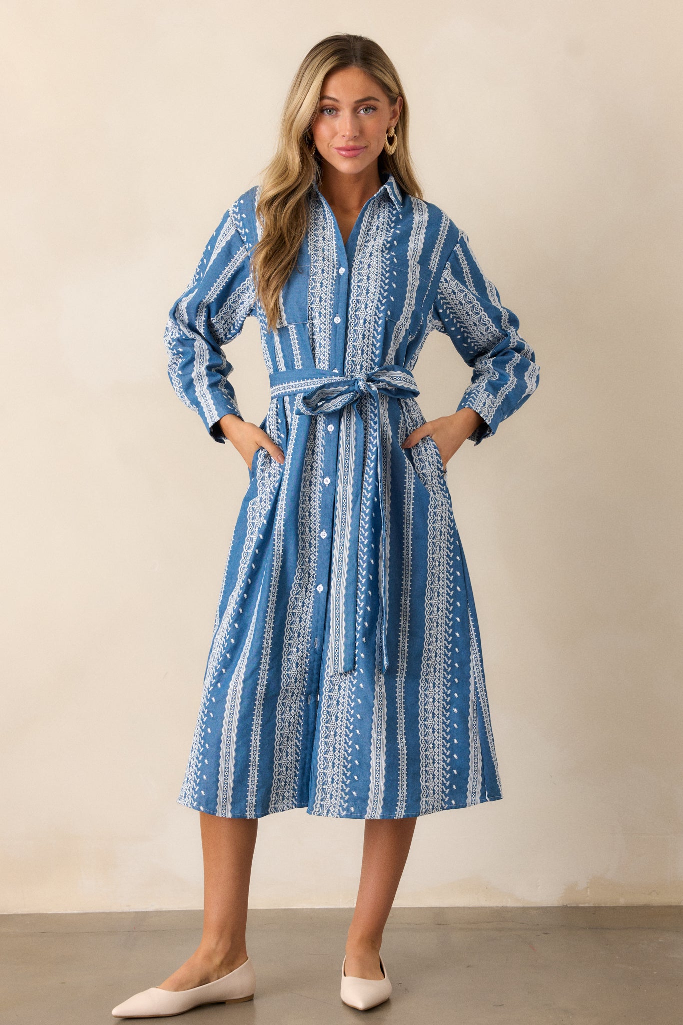 Songs of the Sky Blue Embroidered Midi Shirt Dress