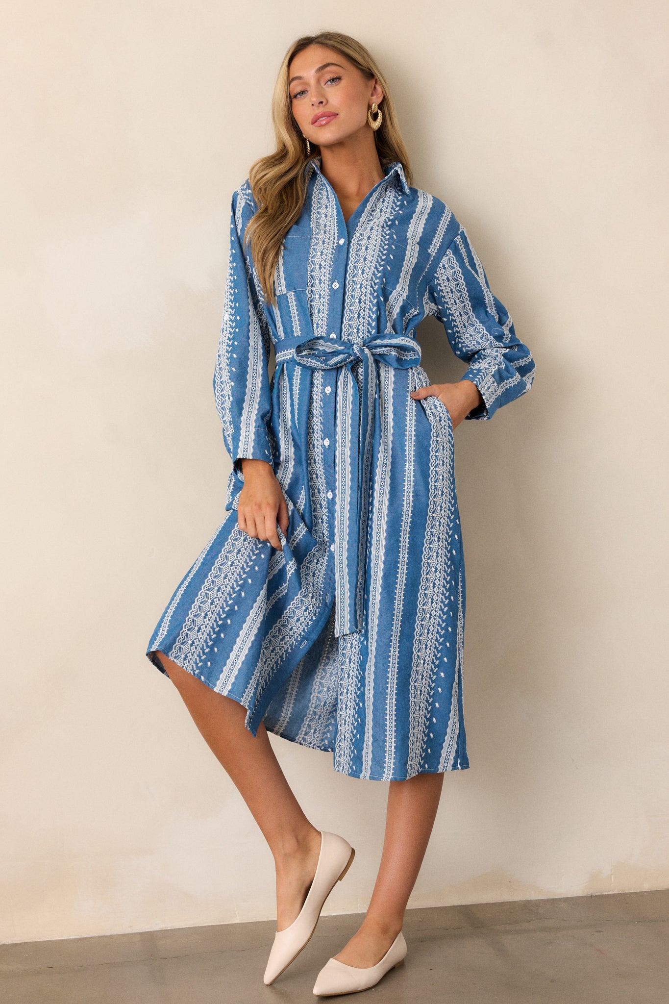 Songs of the Sky Blue Embroidered Midi Shirt Dress