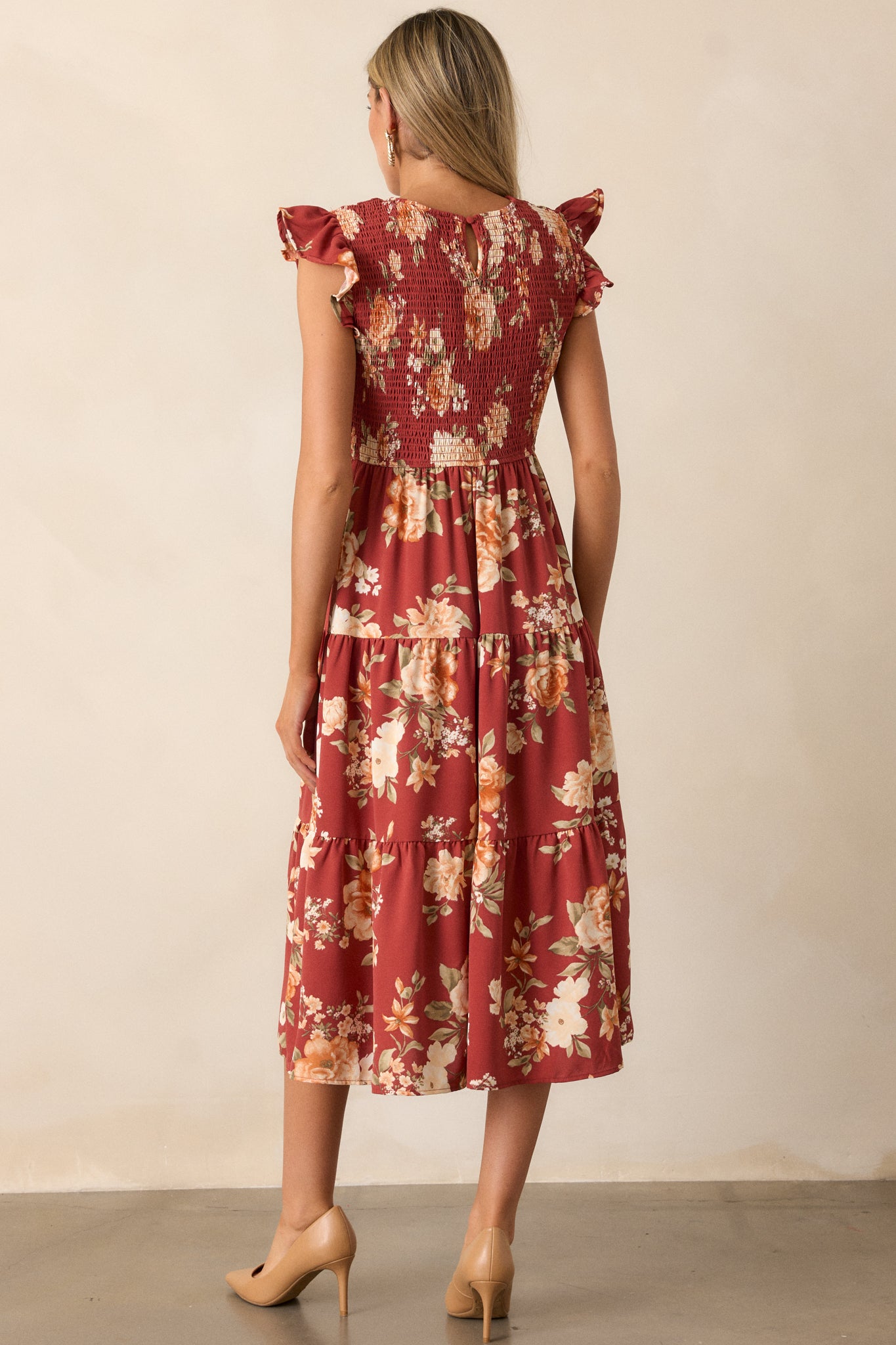 NWT Lost + top Wander Red Orange Floral Midi Dress