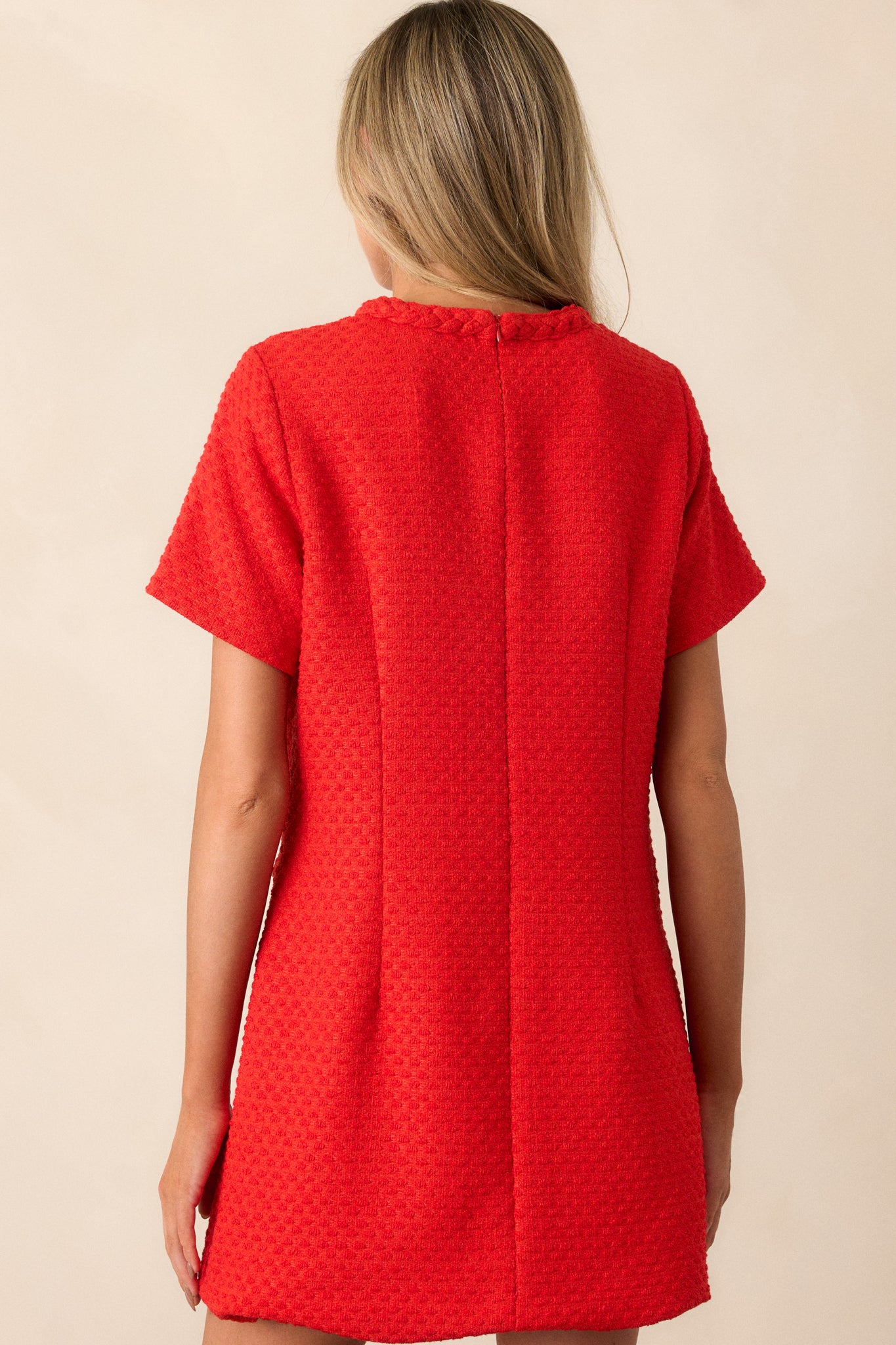 The back of the red mini dress featuring a clean, fitted silhouette with a centered hook and eye zipper closure running from top to bottom.