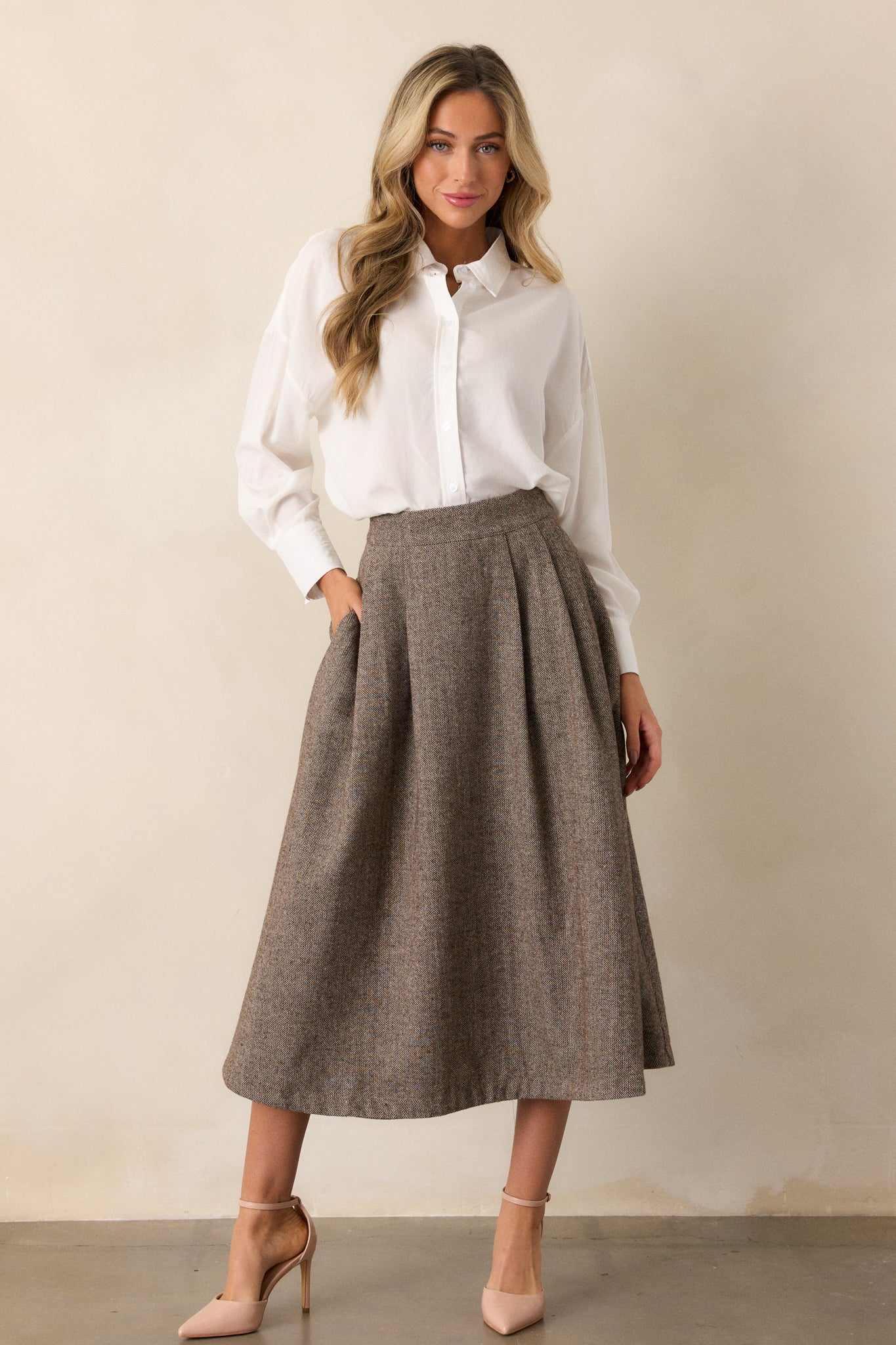 Left Unsaid Brown Herringbone Tweed Midi Skirt