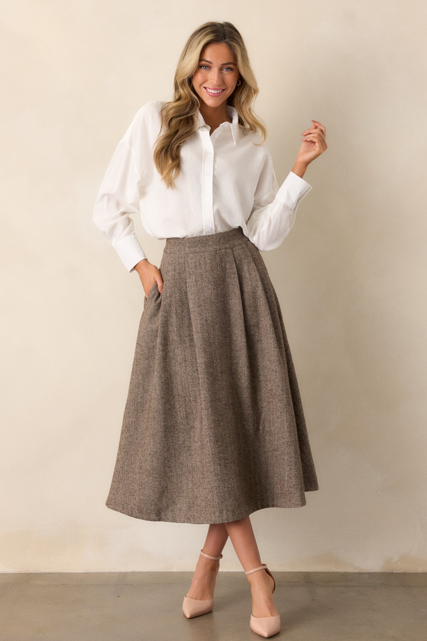 Left Unsaid Brown Herringbone Tweed Midi Skirt