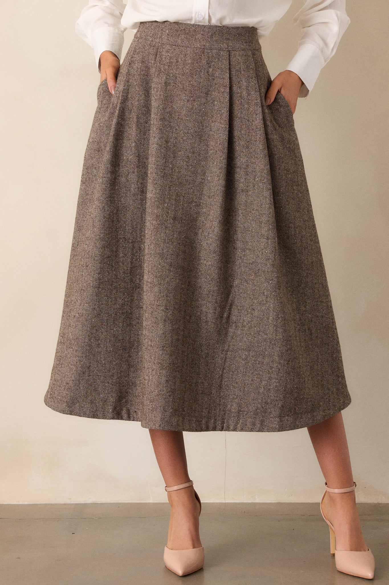 Left Unsaid Brown Herringbone Tweed Midi Skirt