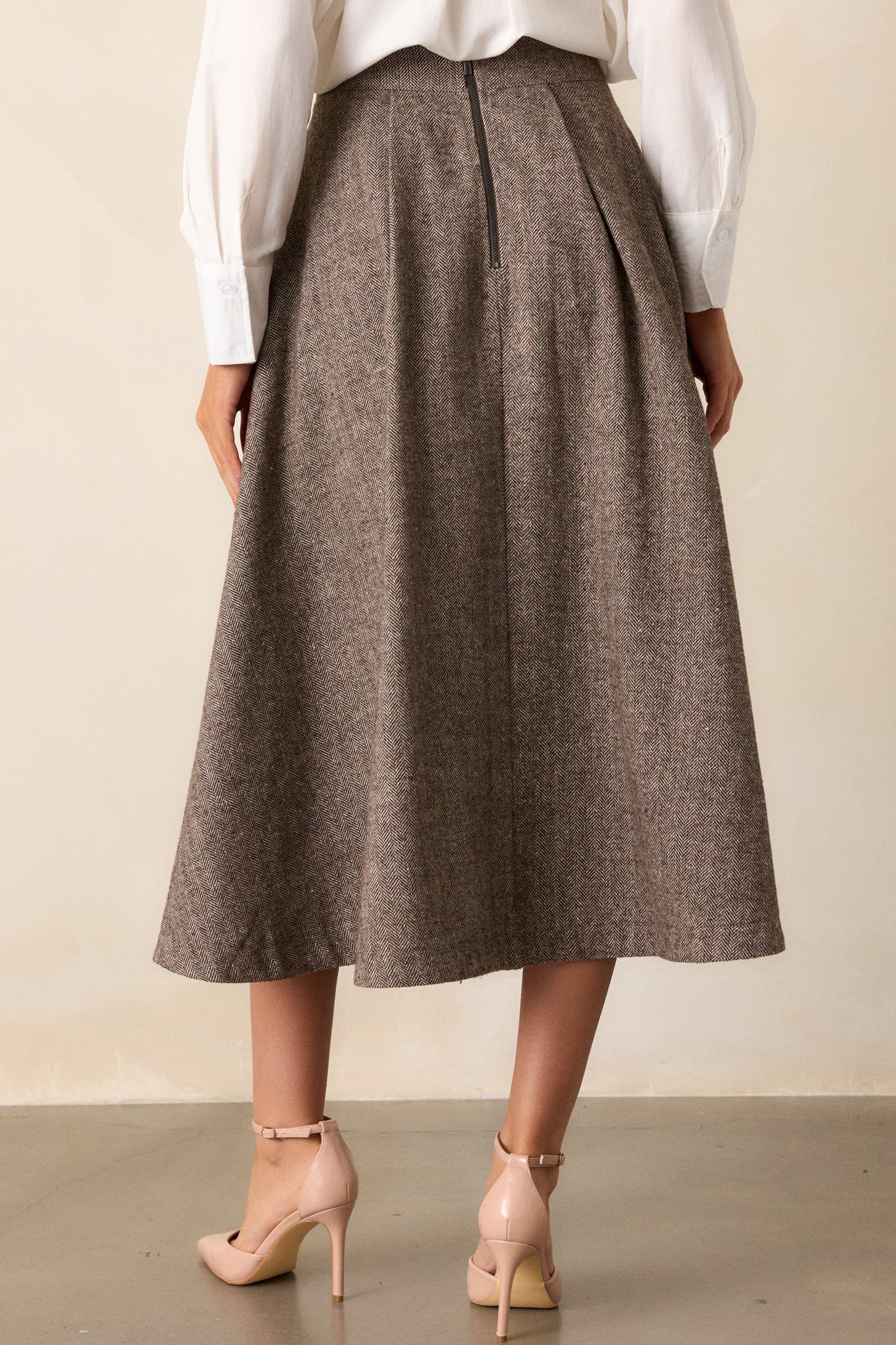 Left Unsaid Brown Herringbone Tweed Midi Skirt