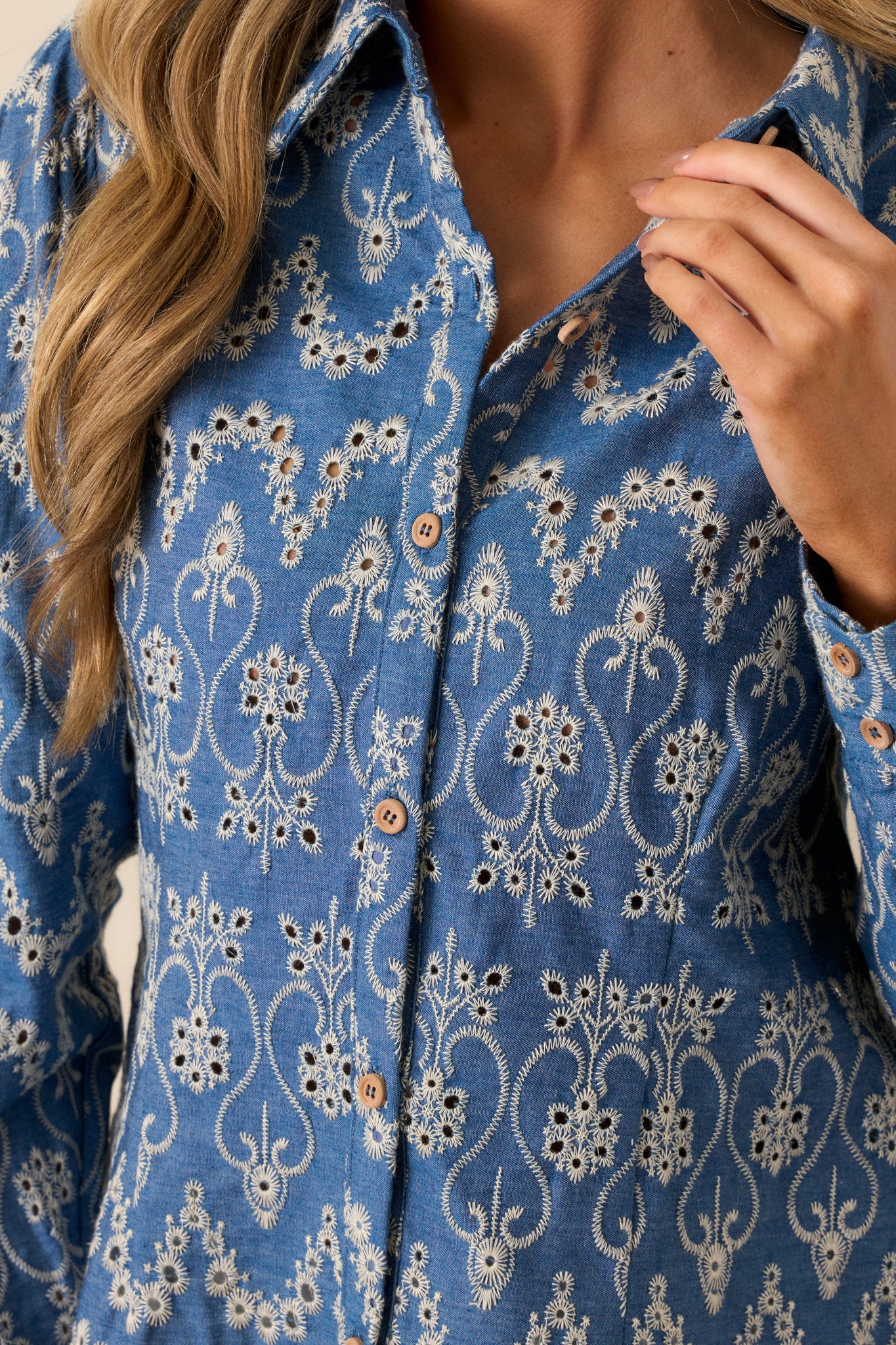 In The Flow 100% Cotton Blue Button Front Eyelet Top