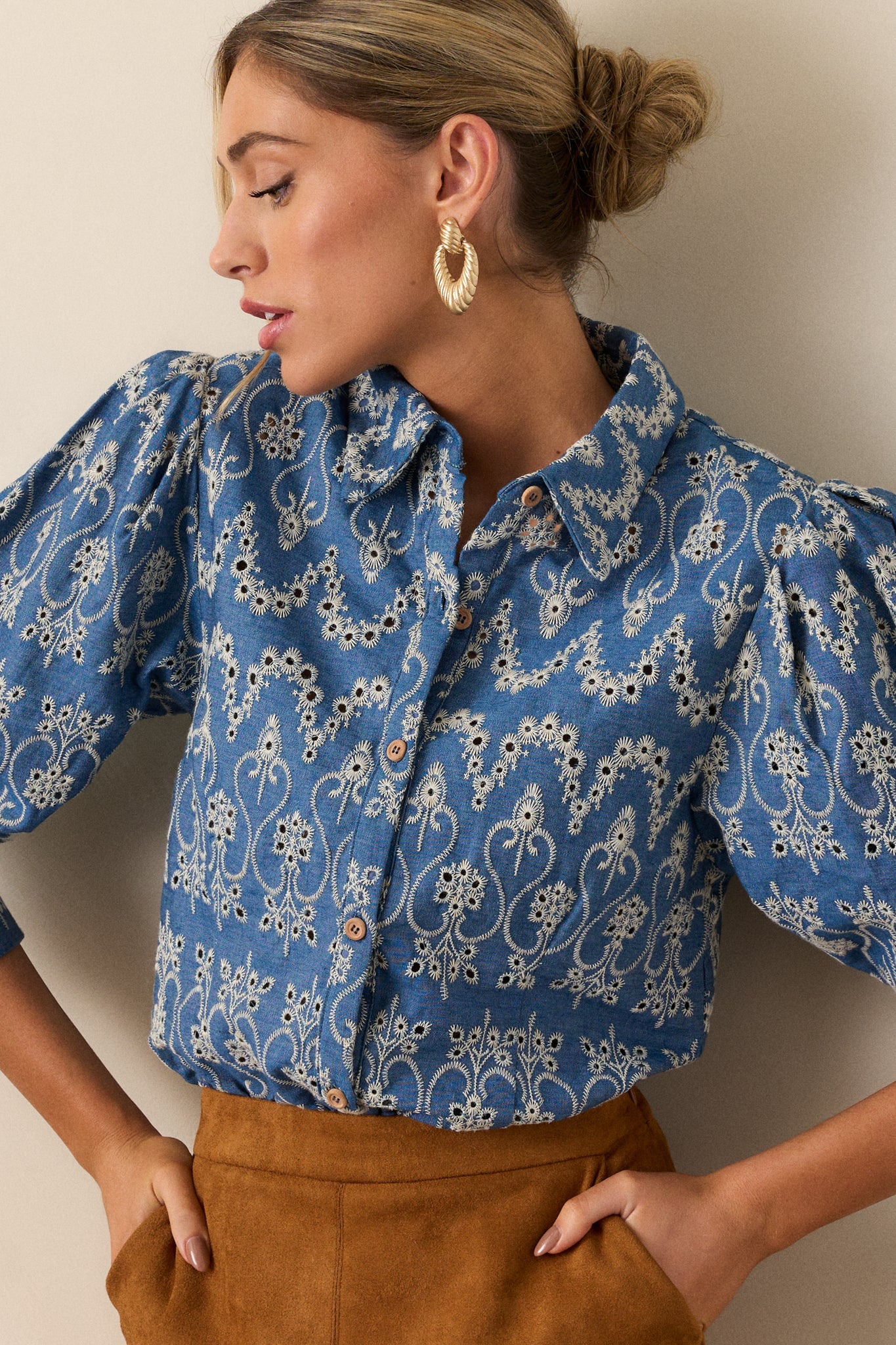 In The Flow 100% Cotton Blue Button Front Eyelet Top