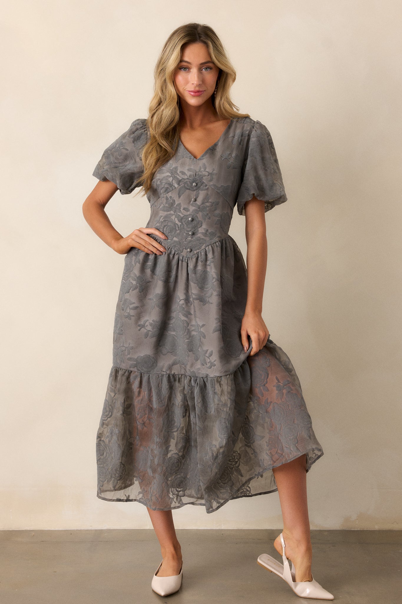 Faded Blossoms Grey Floral Puff Sleeve Midi Dress