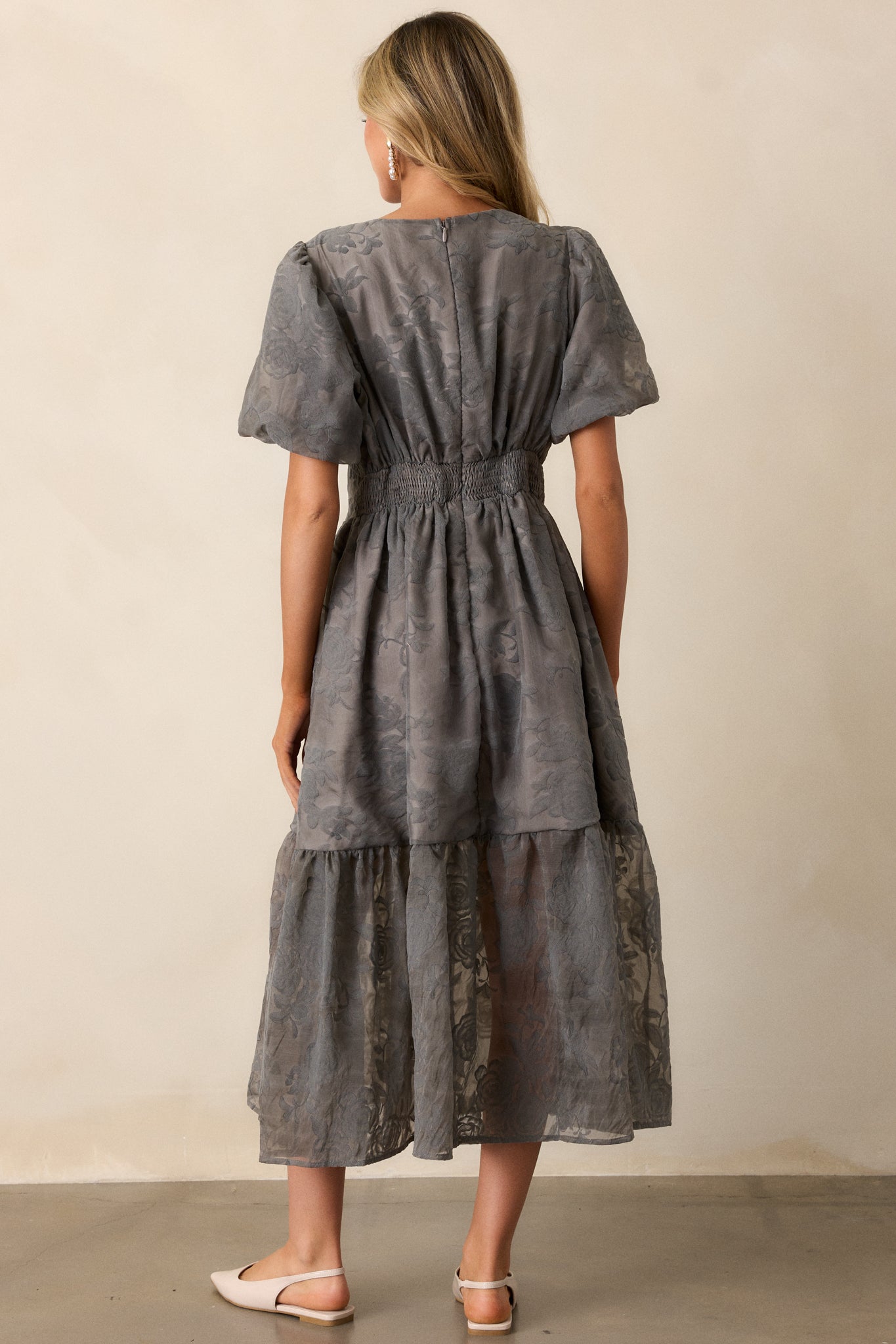 Grey frill floral midi dress deals