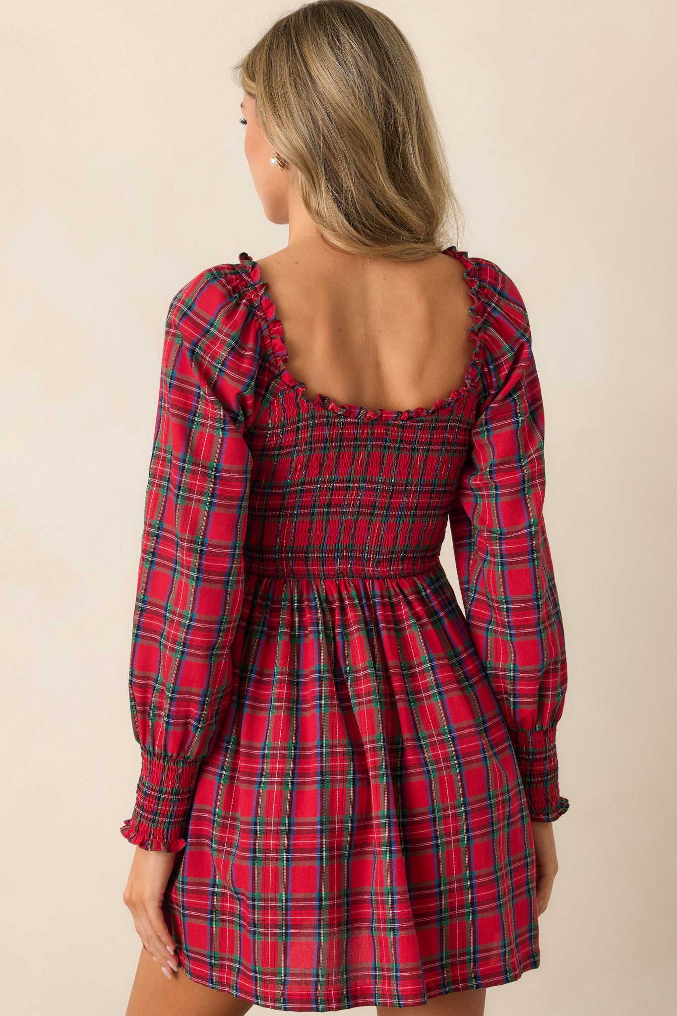 Red Plaid Long Sleeve Mini Dress All Dresses Red Dress