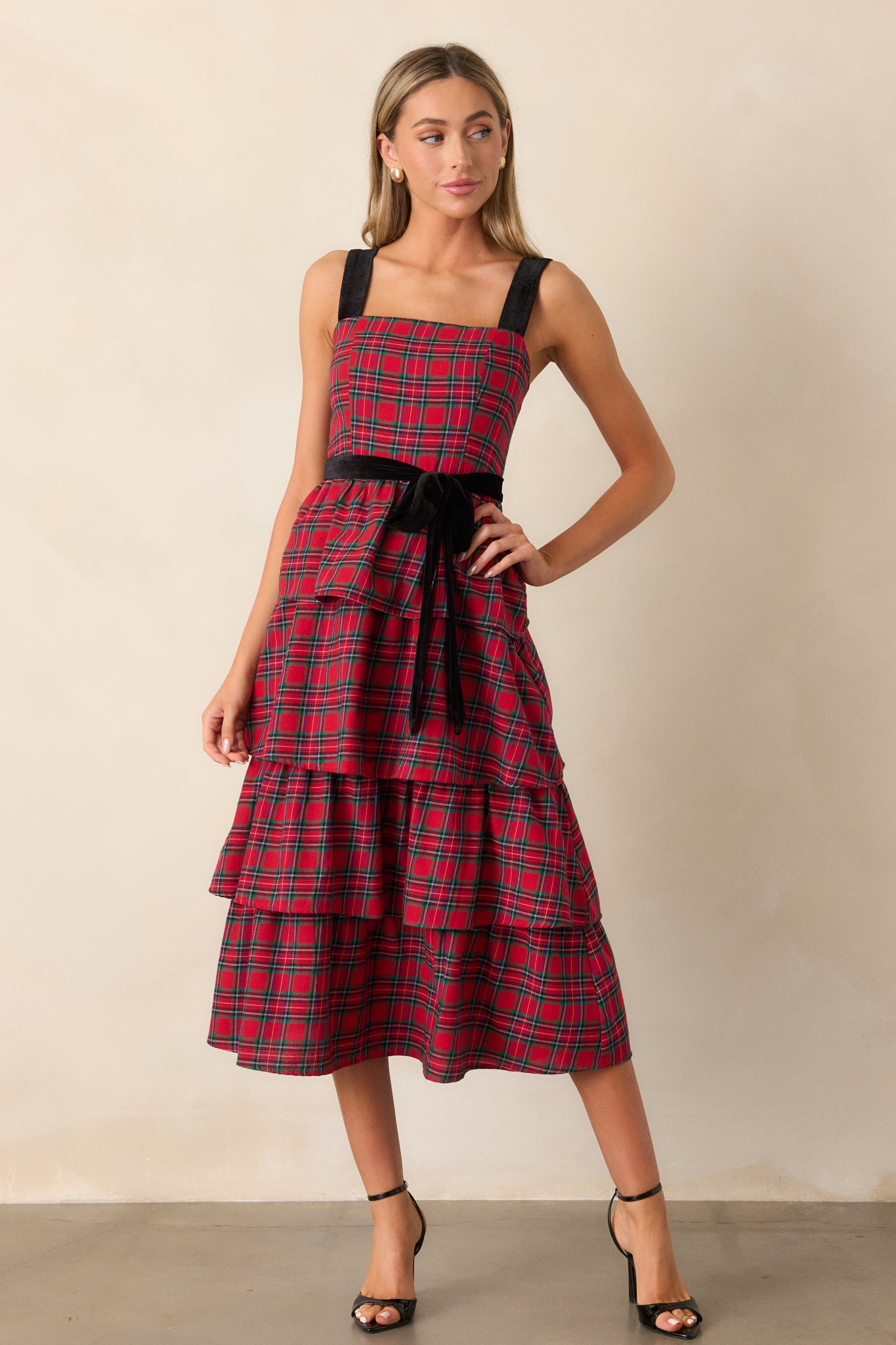 Women s Elegance Defined 100 Cotton Red Plaid Tiered Midi Dress Size L Red Dress