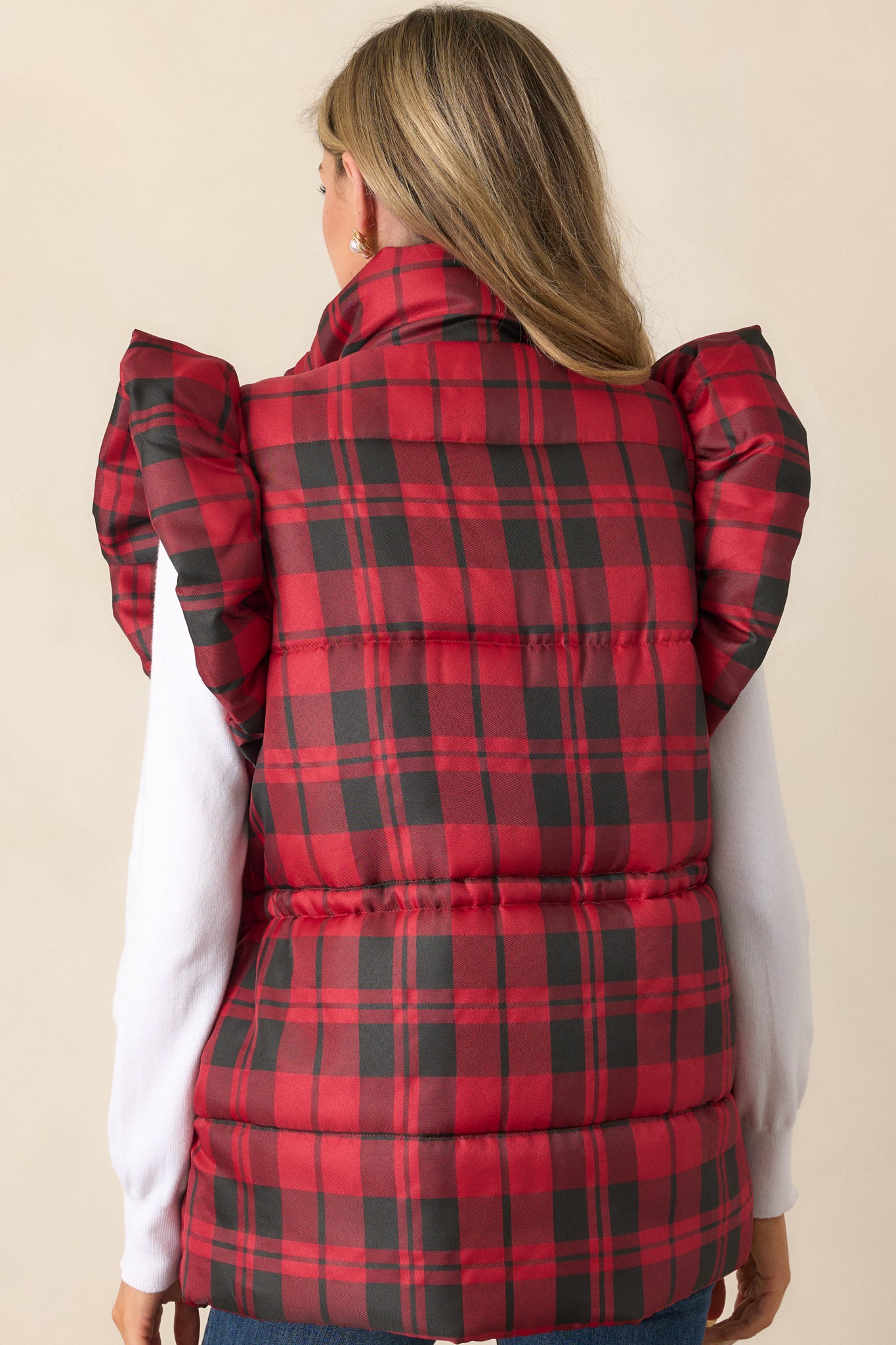 Red plaid puffer vest sales