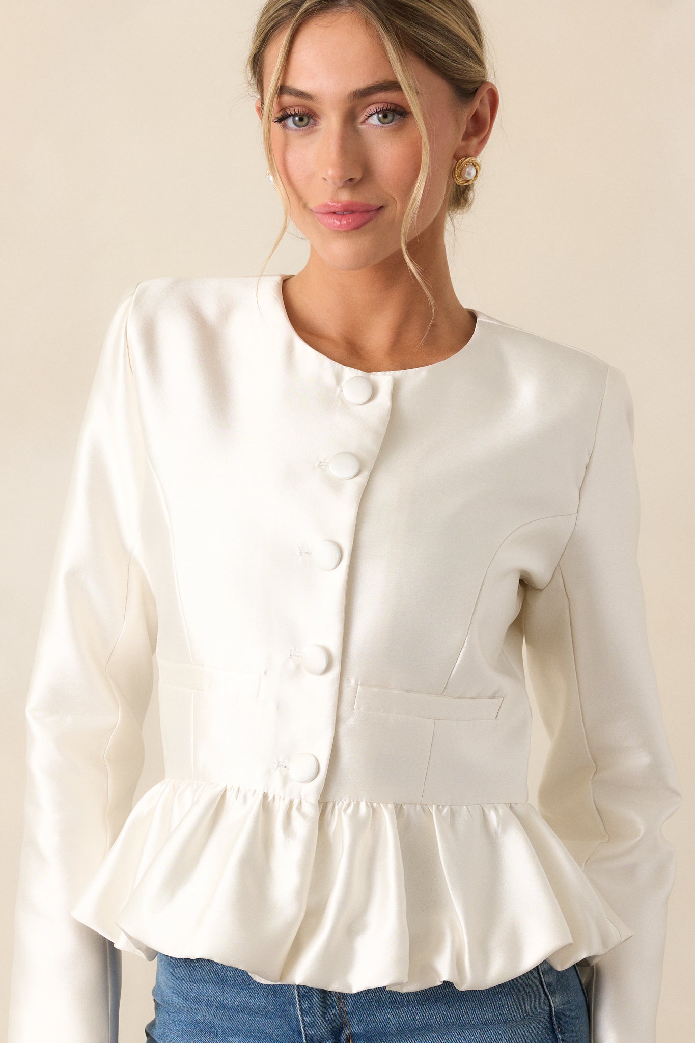 One Step Ahead Ivory Peplum Button Front Top