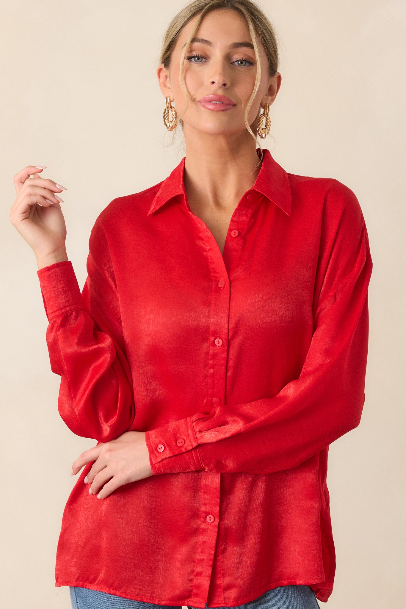 Satin Red Button Down Top Blouses Shirts Red Dress