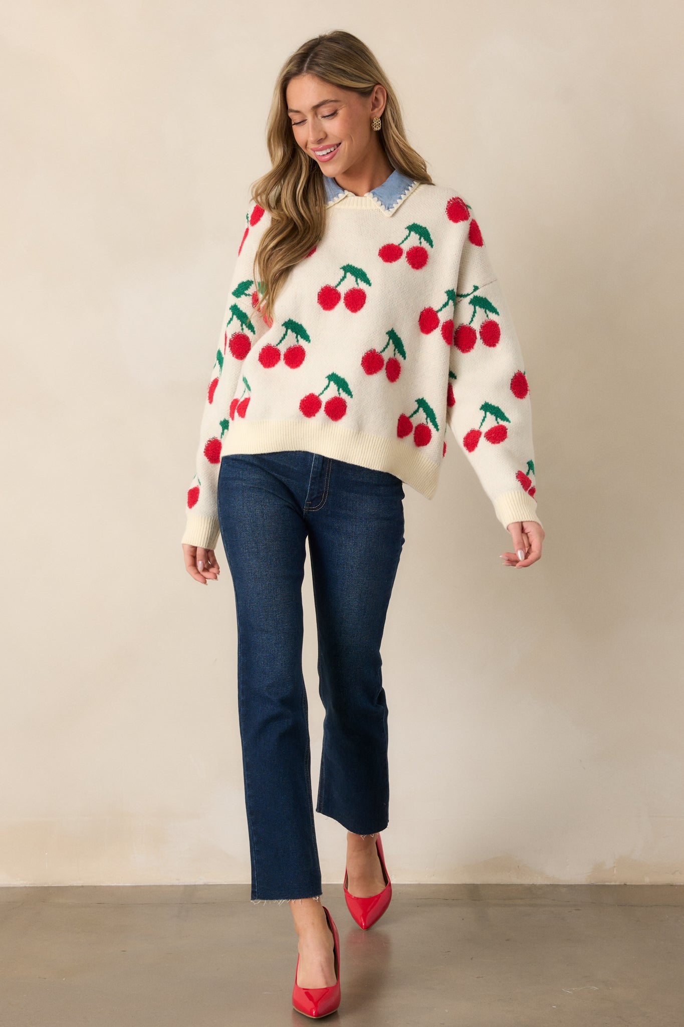 Sweet As Can Be Ivory Cherry Print Sweater