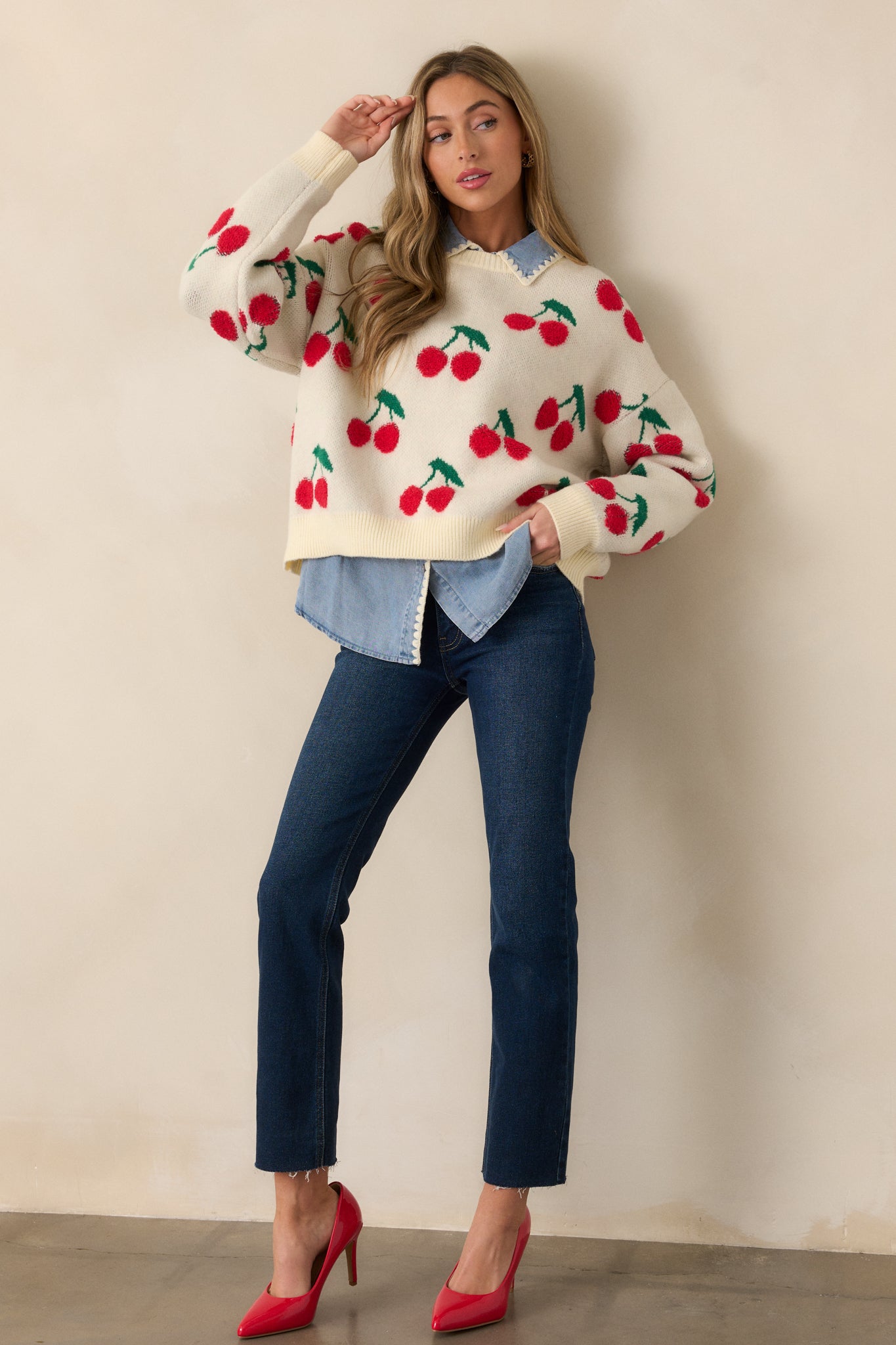 Sweet As Can Be Ivory Cherry Print Sweater