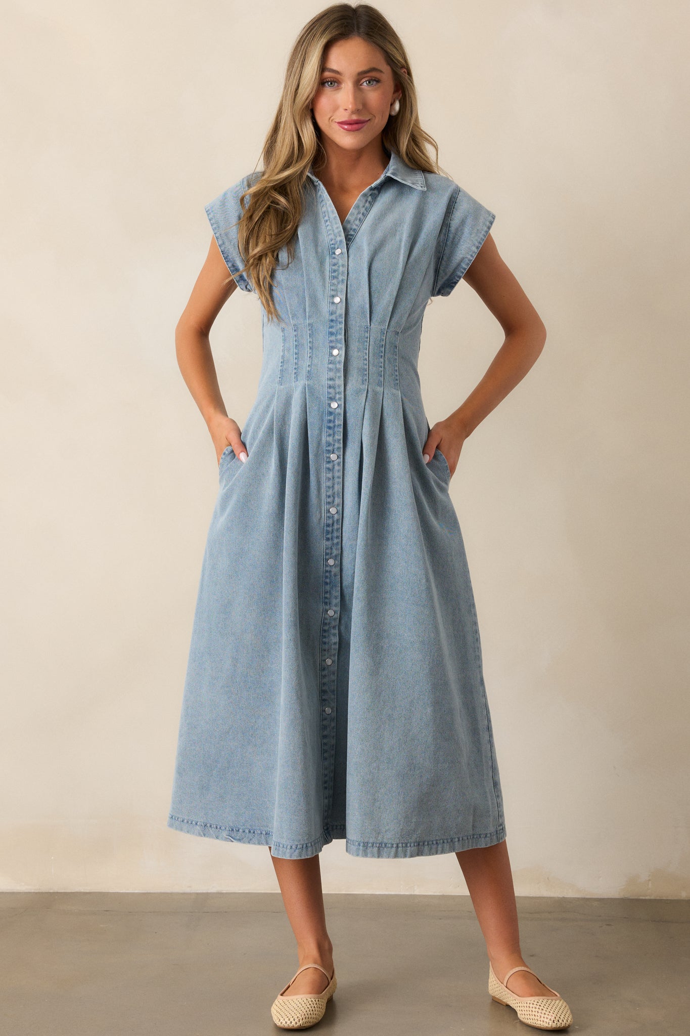 Classic Tea Party Light Wash Denim Button Front Pleated Midi Dress