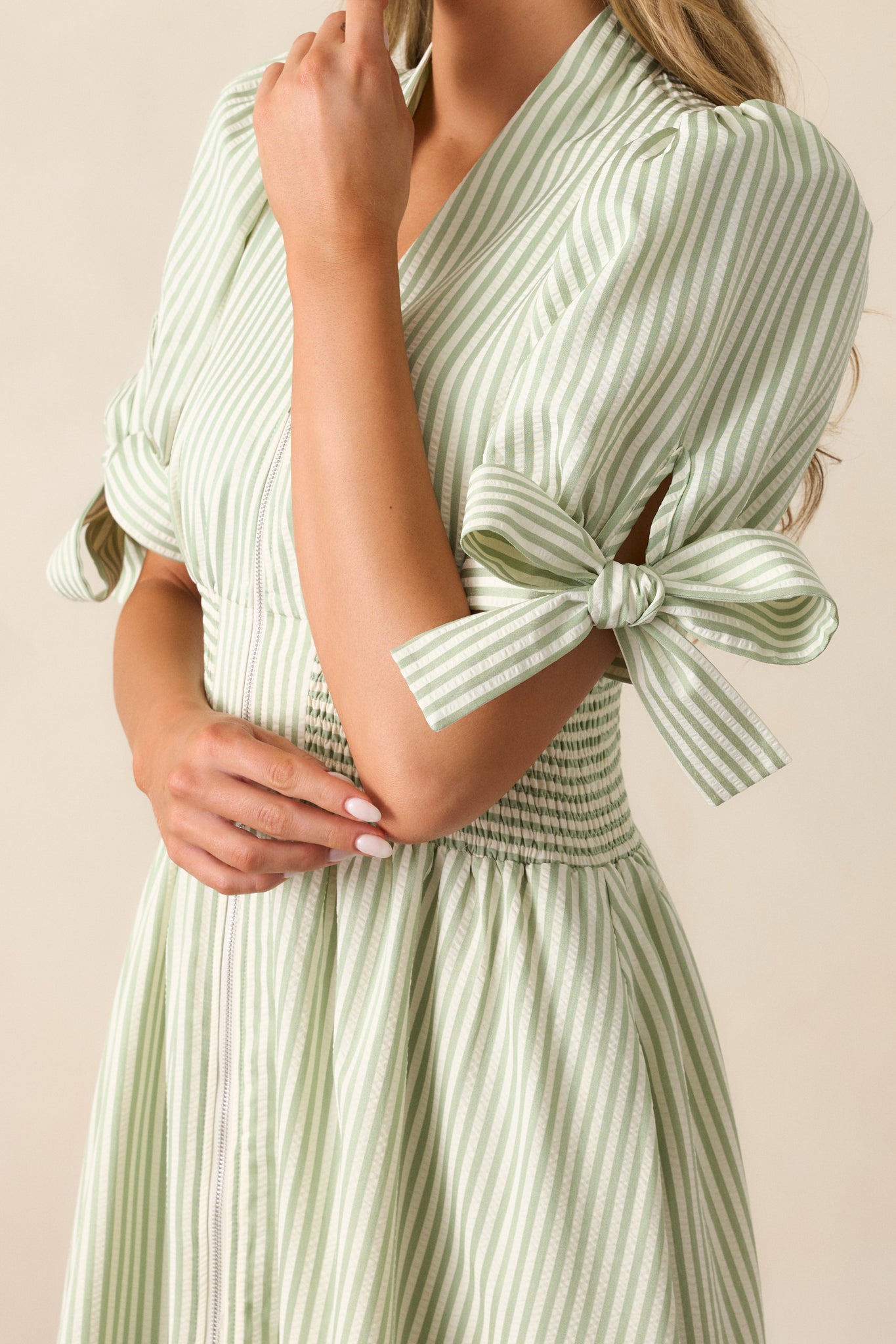 Afternoon Tea Green Stripe Zip Front Midi Dress