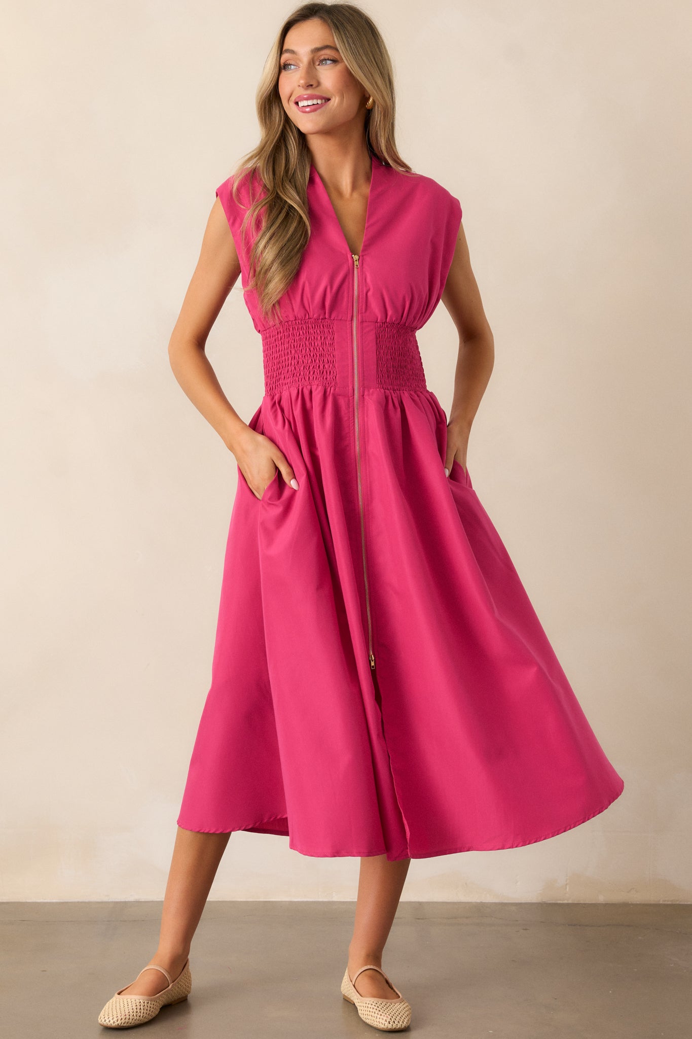 The Evette Magenta Pink Zip Front Midi Dress