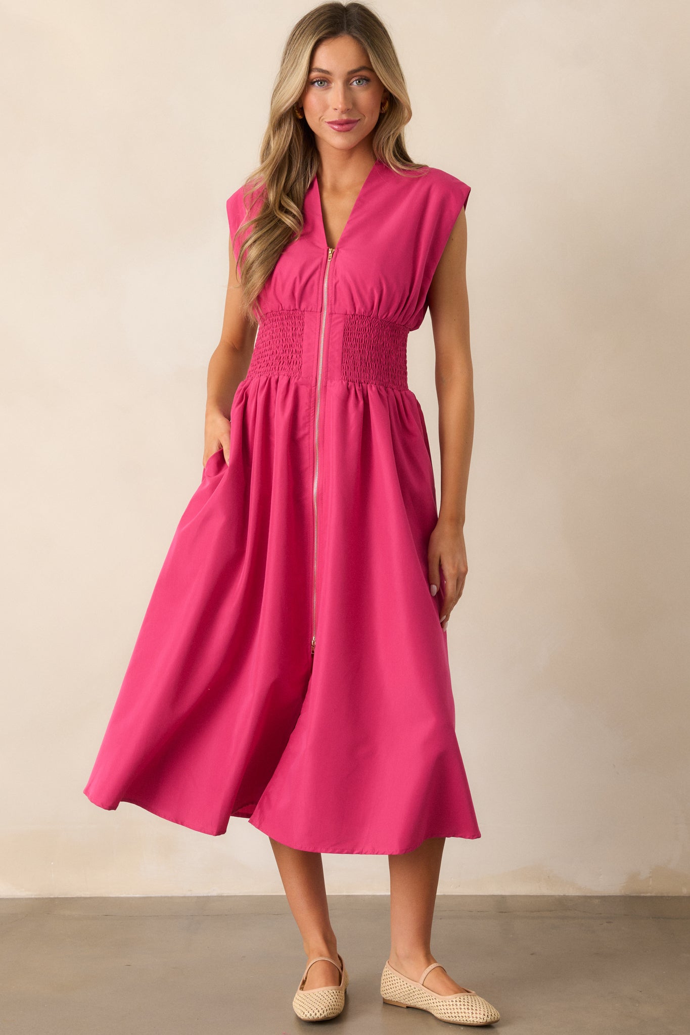 The Evette Magenta Pink Zip Front Midi Dress