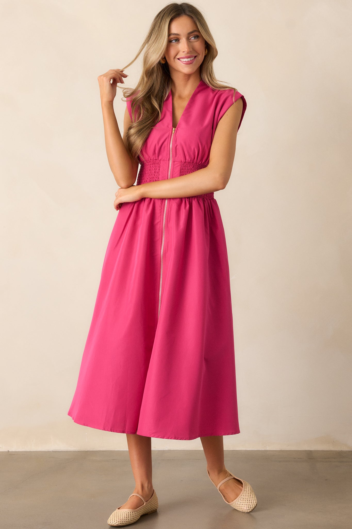 The Evette Magenta Pink Zip Front Midi Dress