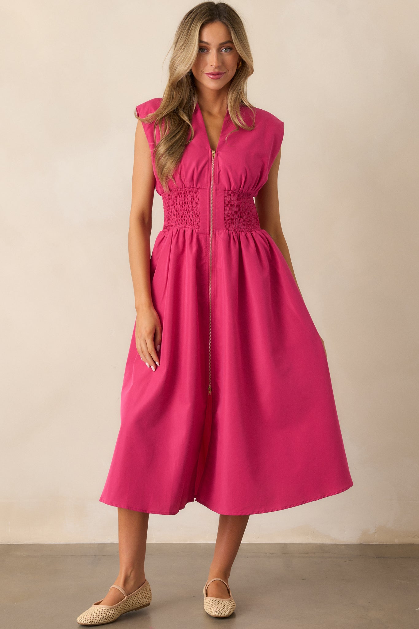 The Evette Magenta Pink Zip Front Midi Dress