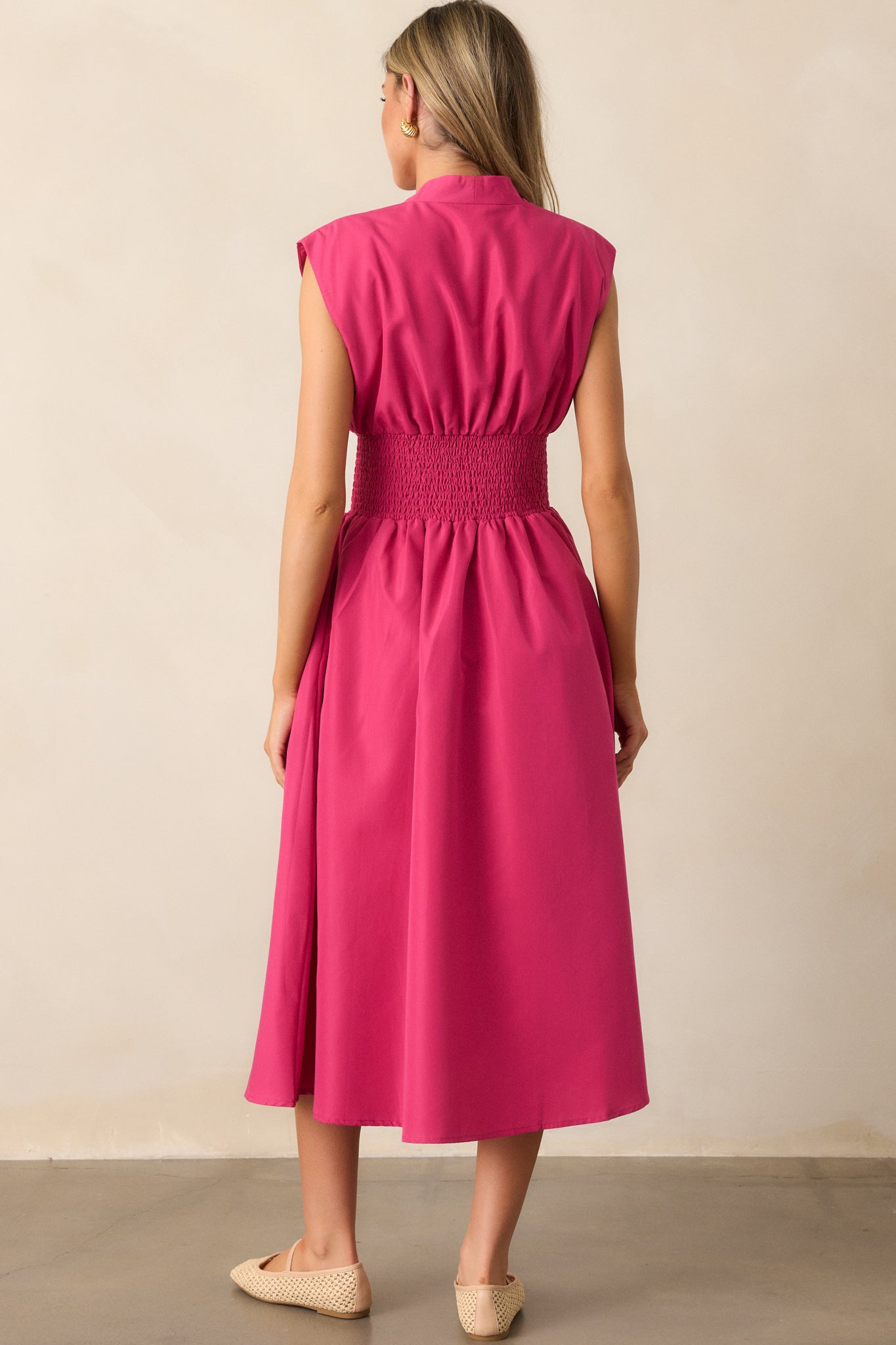 The Evette Magenta Pink Zip Front Midi Dress