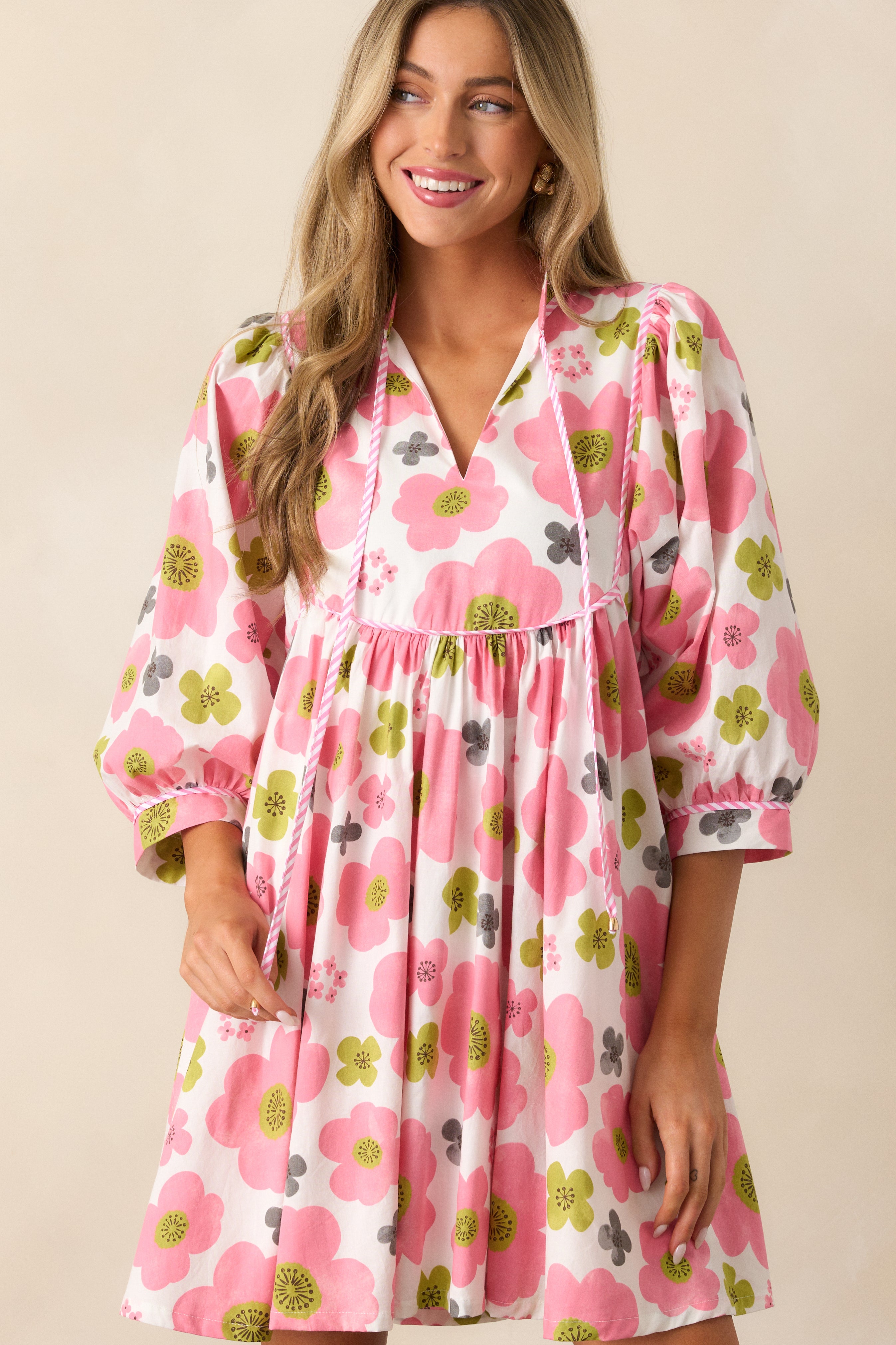 Spring Soiree Cotton Ivory and Pink Floral Mini Dress