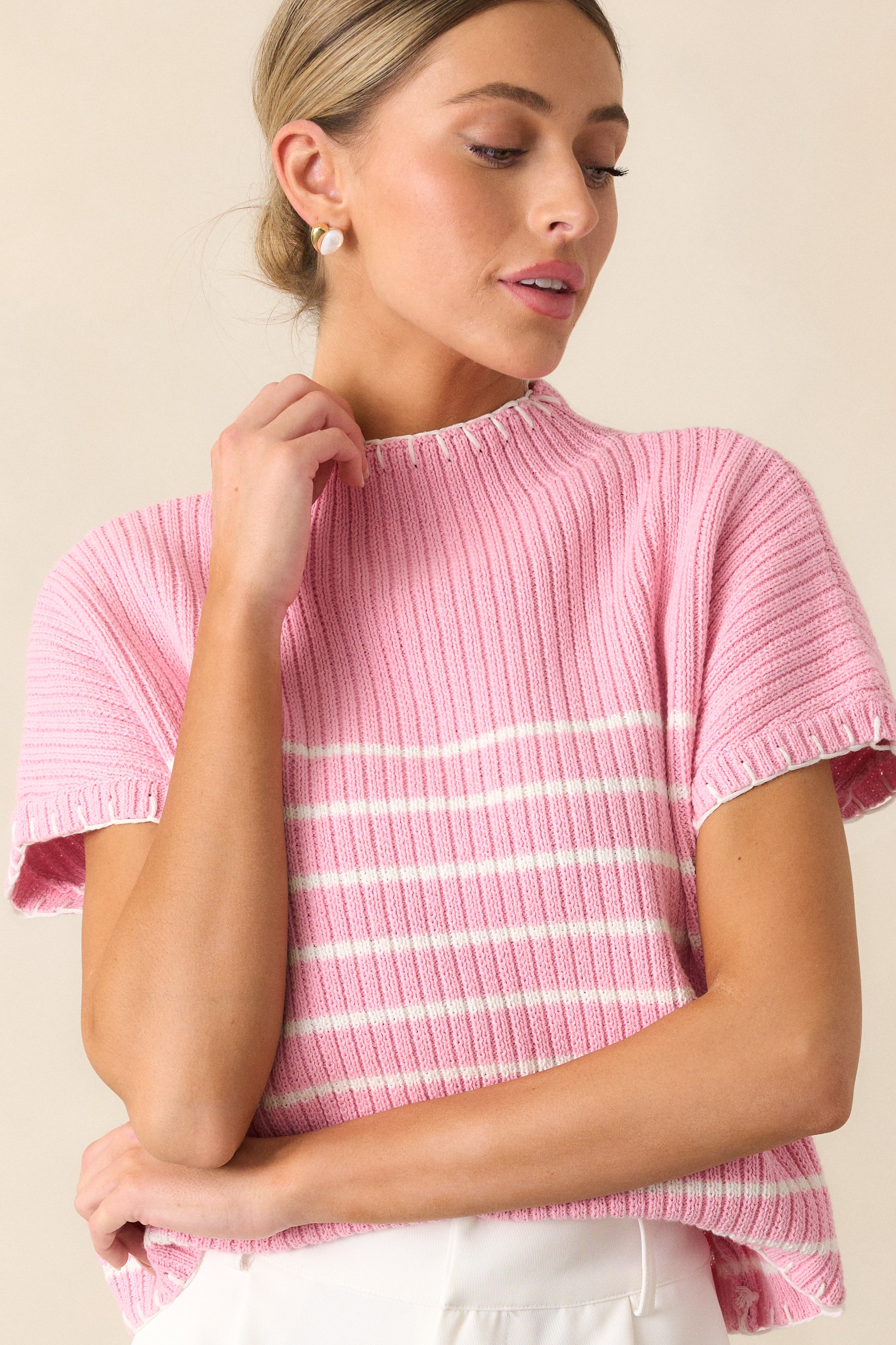 Mimosa Morning Cotton Pink Stripe Short Sleeve Sweater