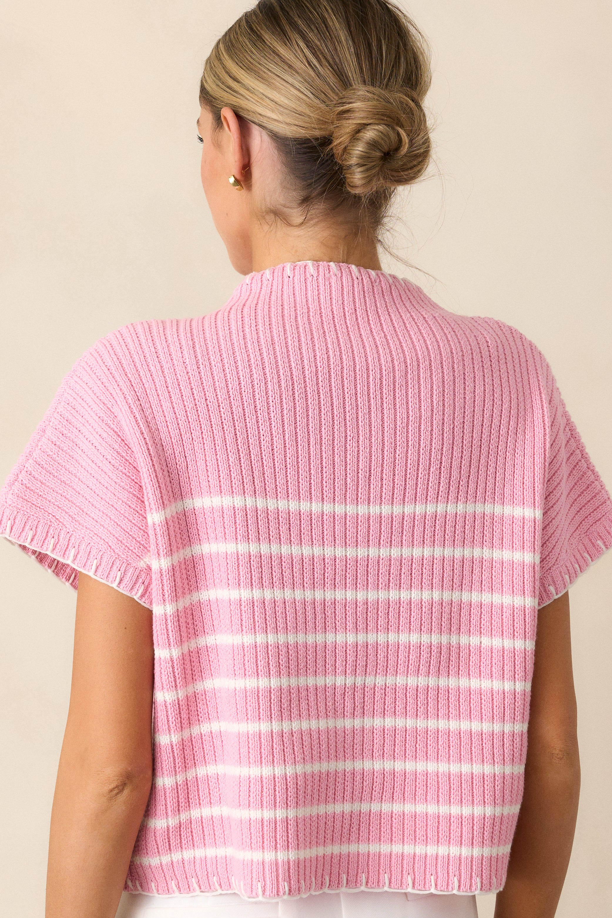 Mimosa Morning Cotton Pink Stripe Short Sleeve Sweater