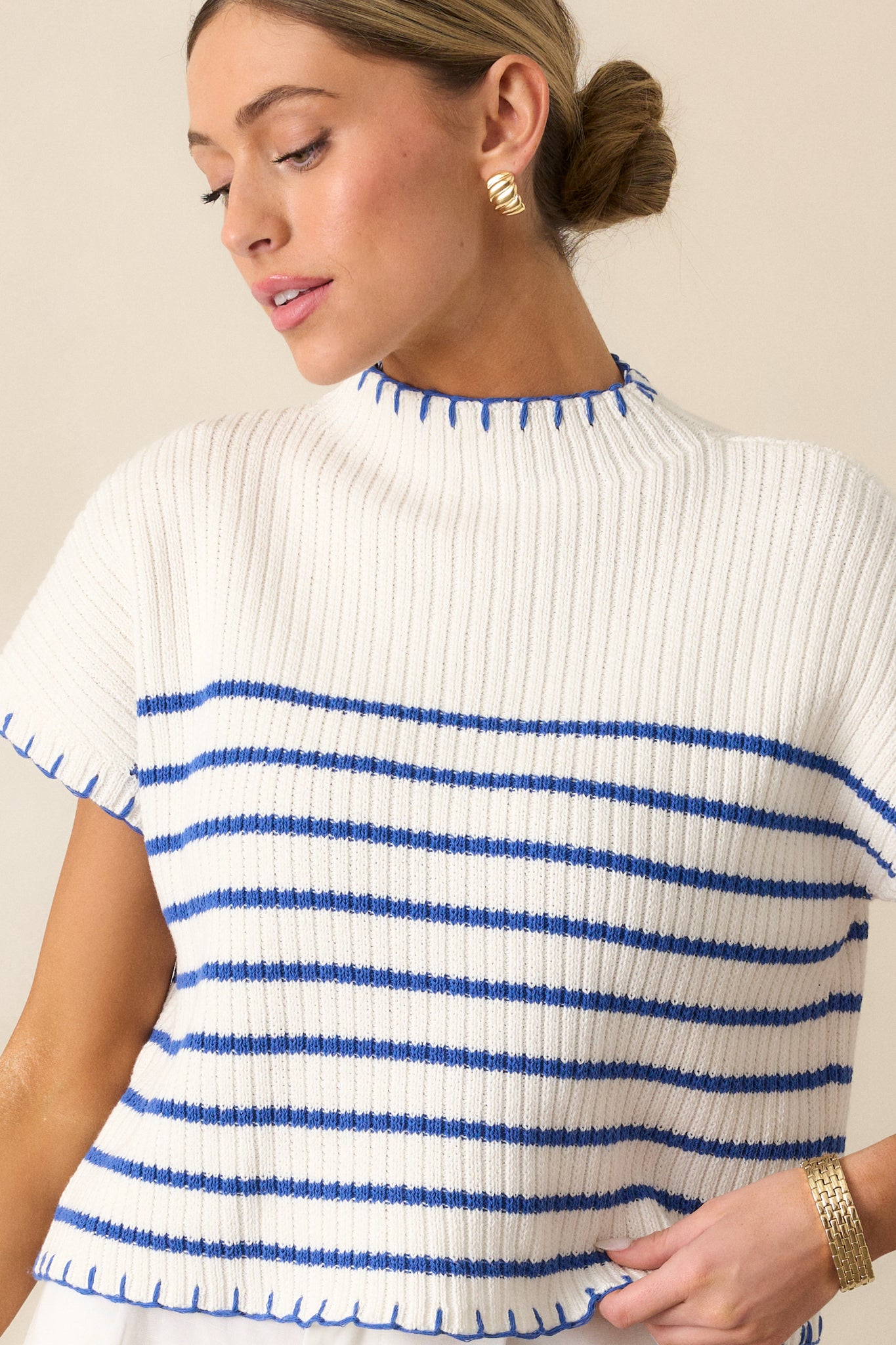 Mimosa Morning Cotton Ivory Stripe Short Sleeve Sweater