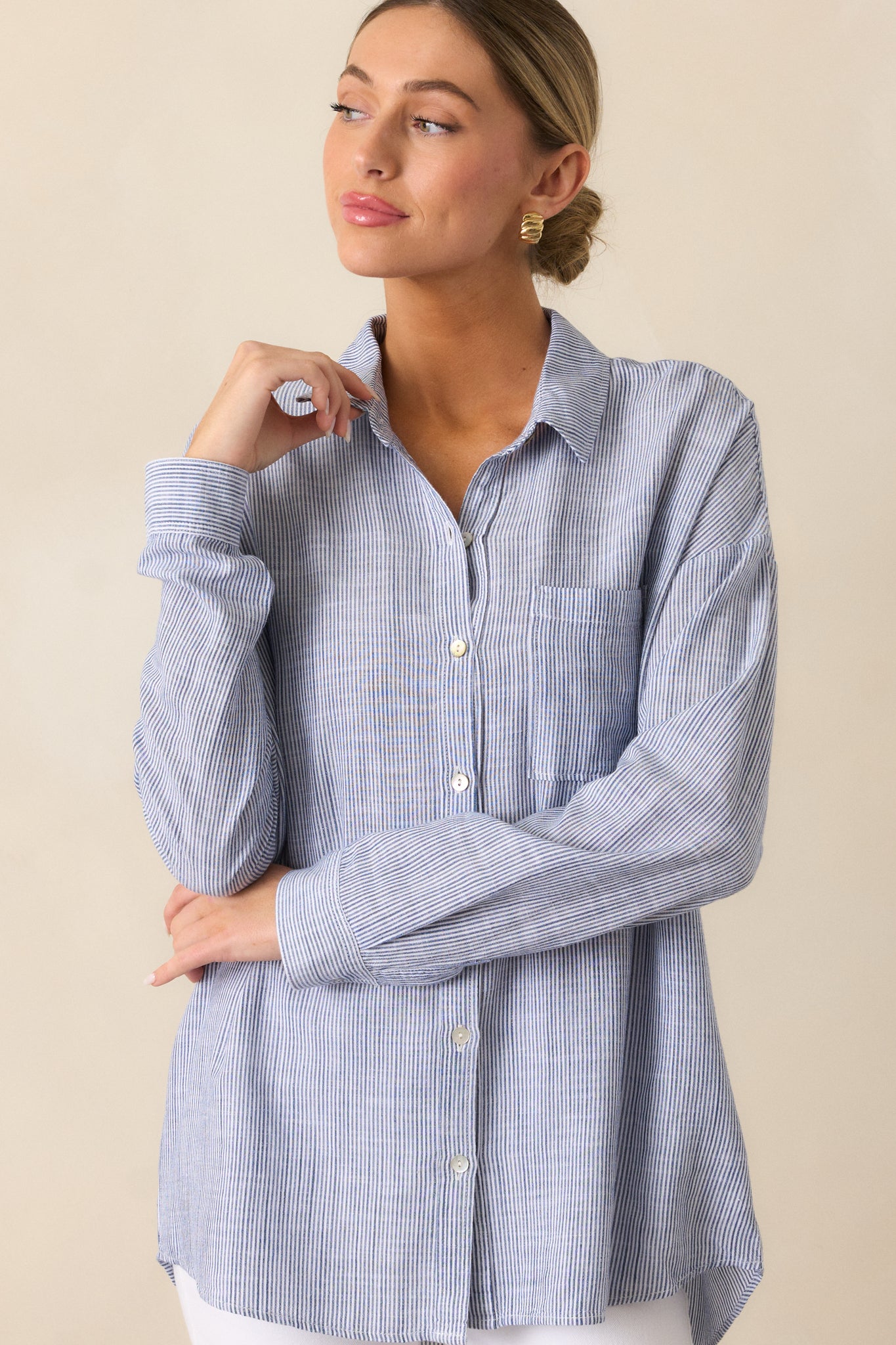 What Do You Mean Denim Stripe Button Front Blouse