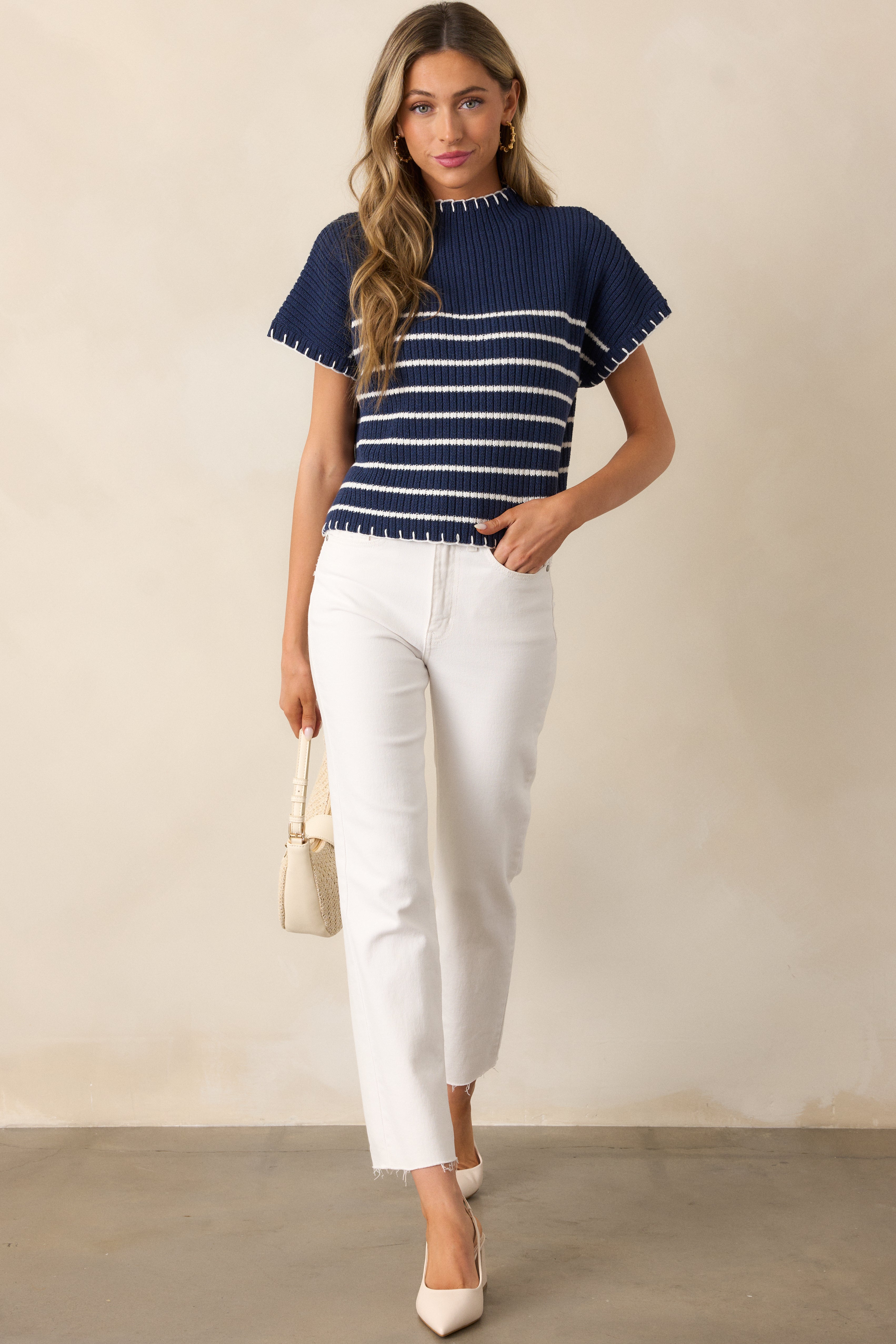 Mimosa Morning Cotton Navy Stripe Short Sleeve Sweater