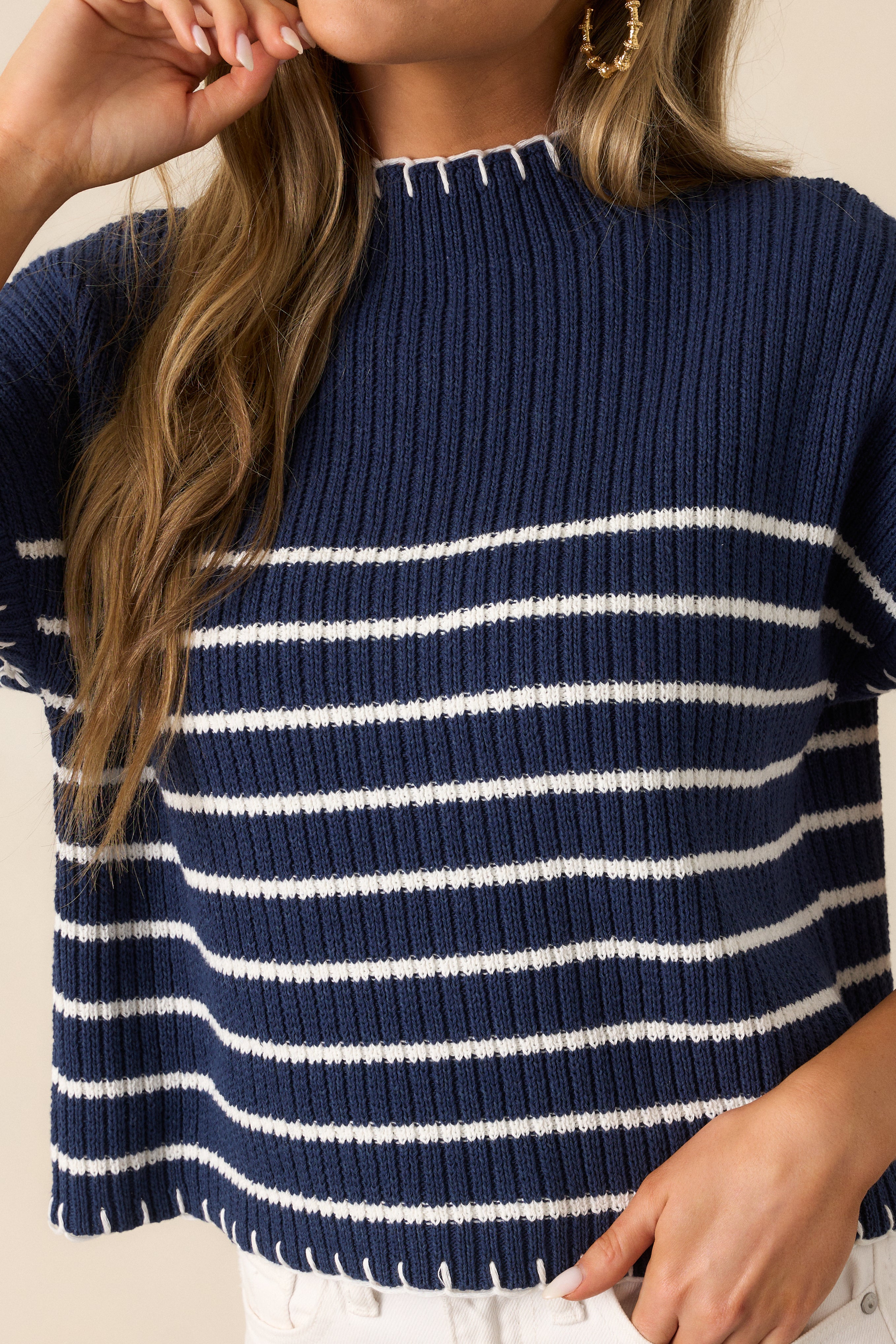 Mimosa Morning Cotton Navy Stripe Short Sleeve Sweater