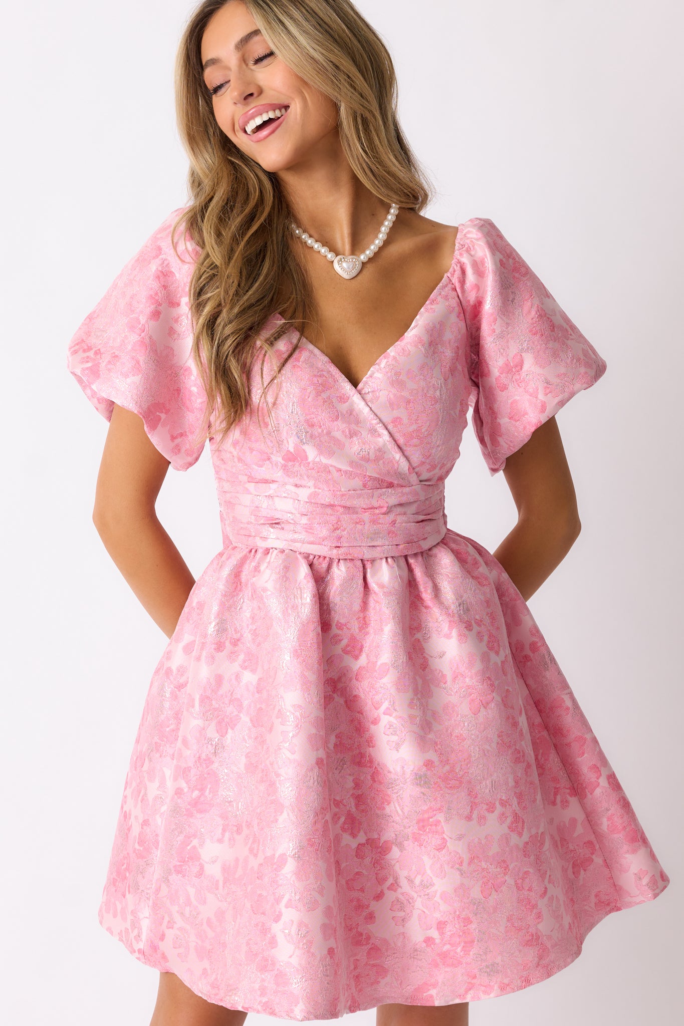 Cheers To Us Light Pink Floral Jacquard Mini Dress