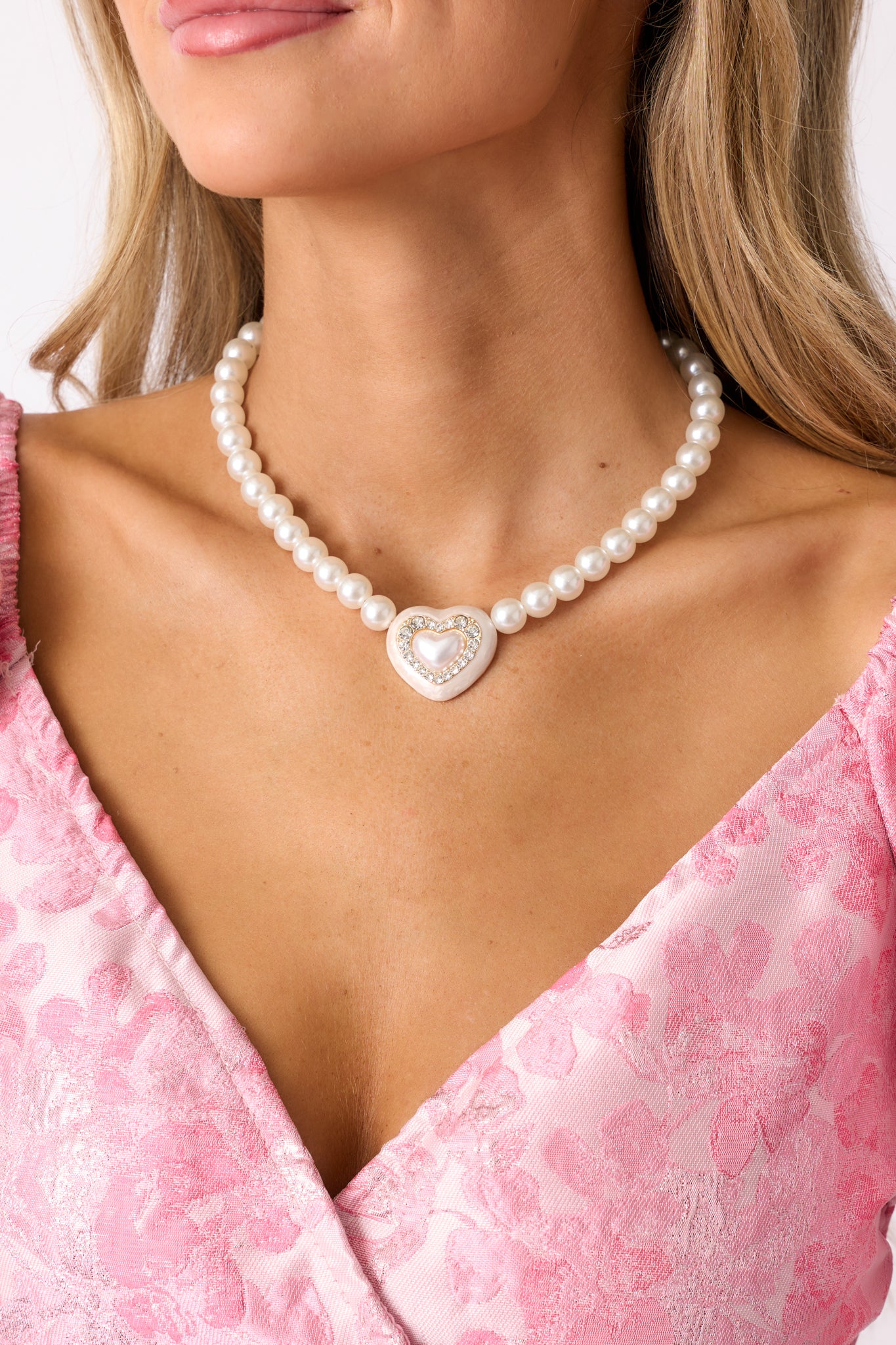 Love Me More Ivory Faux Pearl Heart Pendant Necklace