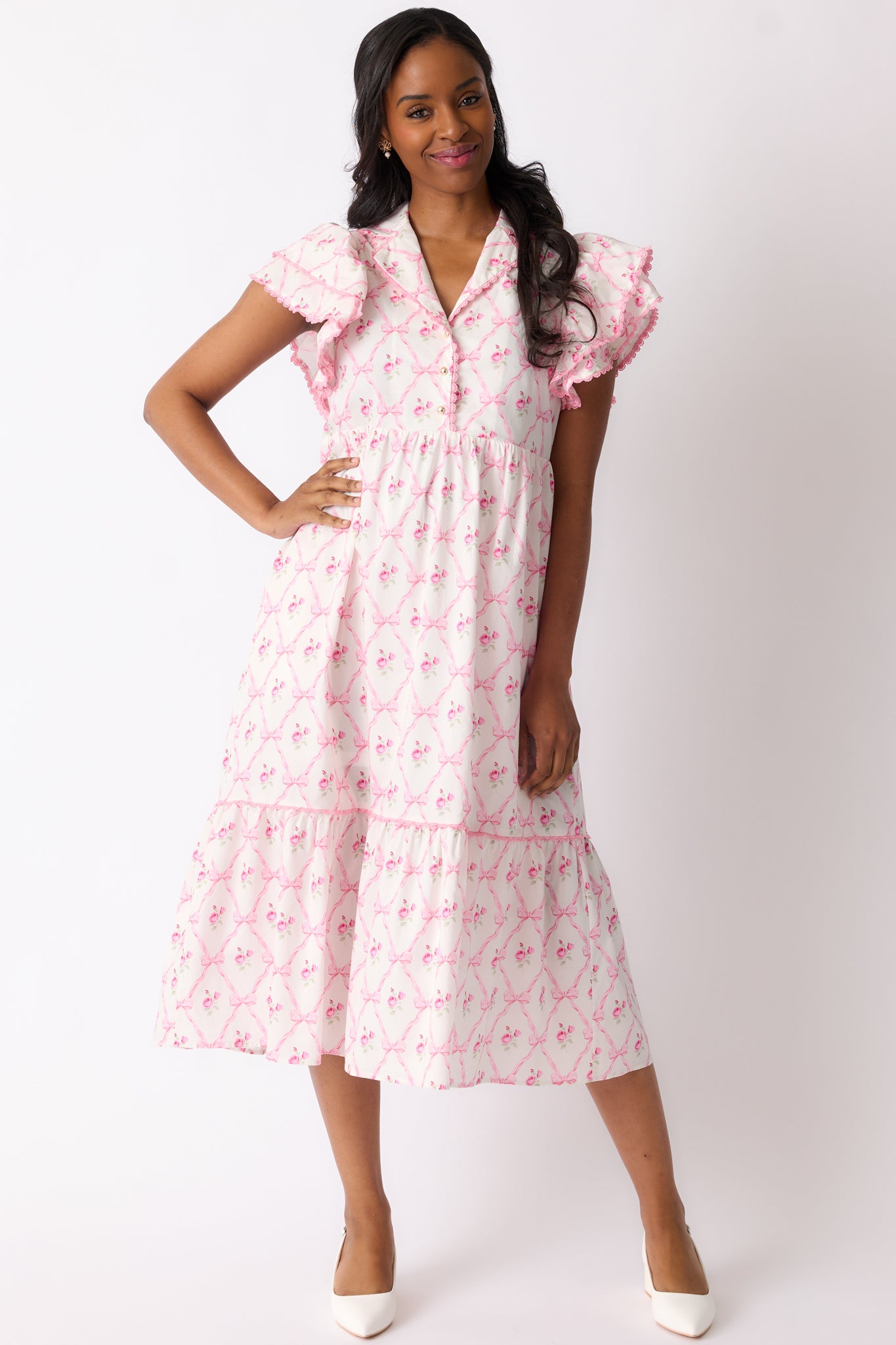 Brunch & Beyond Cotton Light Pink Floral Midi Dress