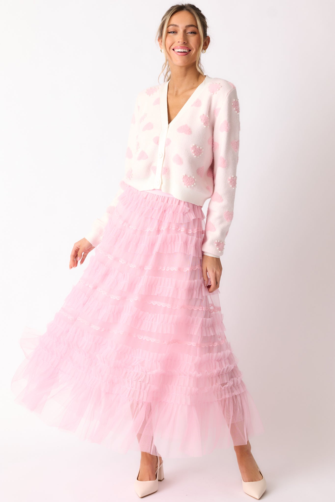 Walk In The Garden Light Pink Ruffle Tulle Midi Skirt