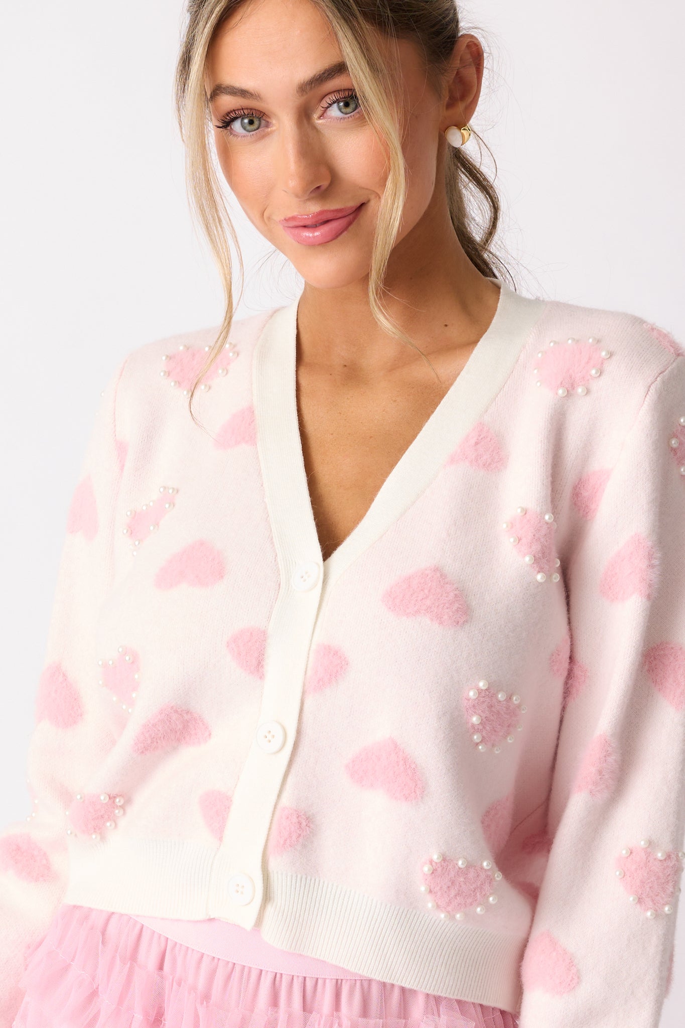 Sweetheart Stroll Light Pink & Ivory Pearl Cardigan